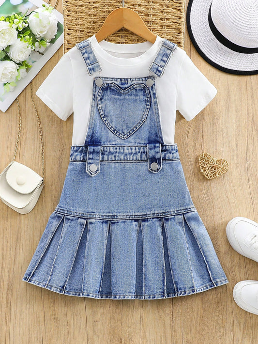 Young Girl Casual Pleated Denim Overall Dress With Patchwork Design For Spring/Summer