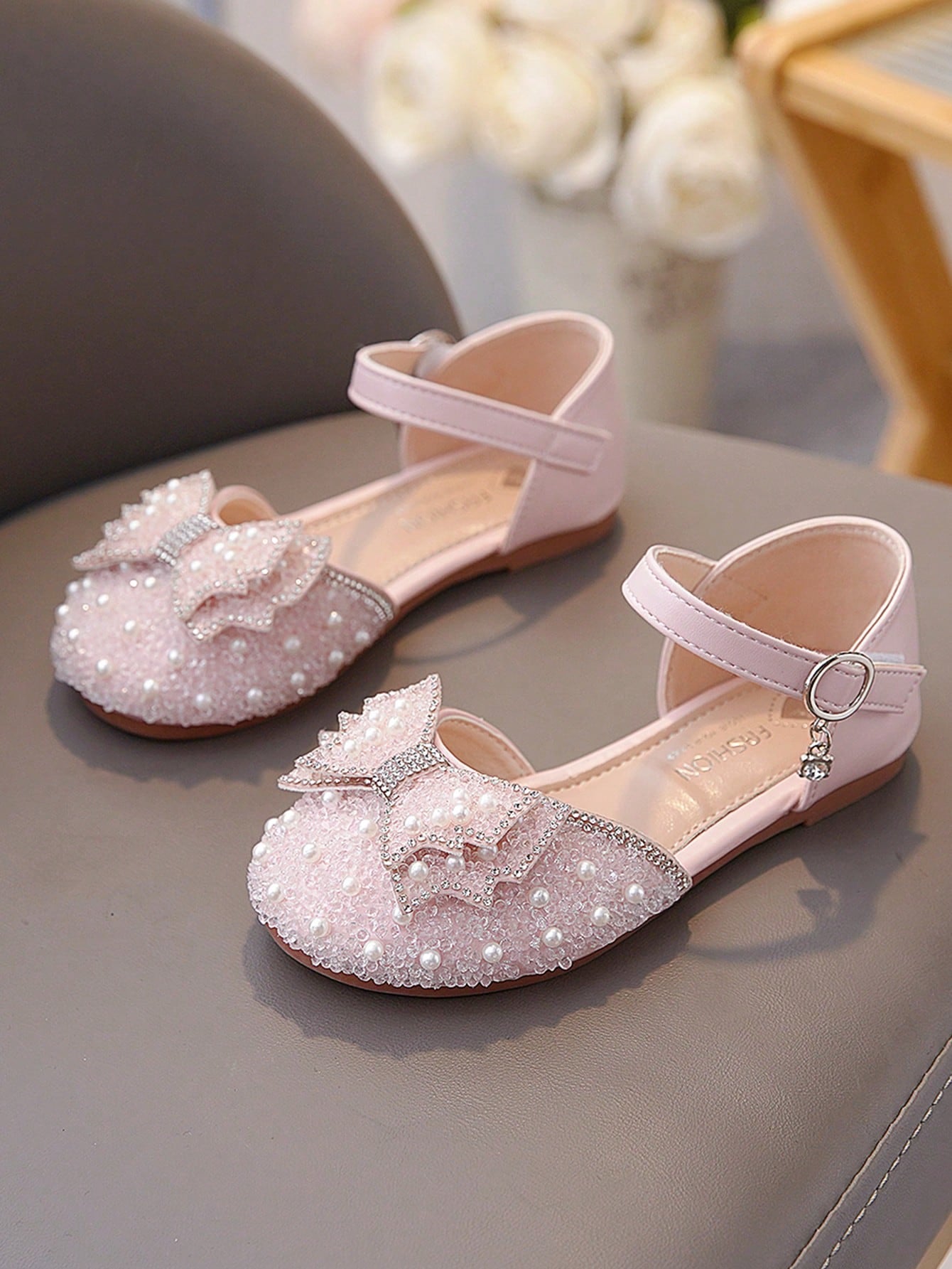 Children Flat Shoes With Rhinestone Bow Embellishment And Glittering Details