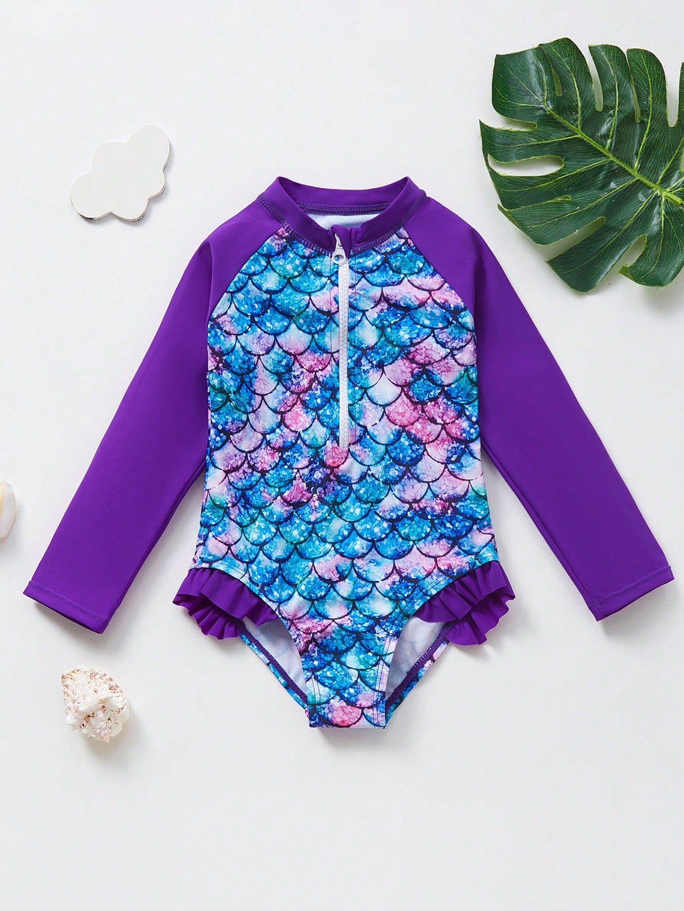 Young Girl Purple Starry Sky Mermaid Printed Long Sleeve Shoulder-Off One-Piece Swimsuit