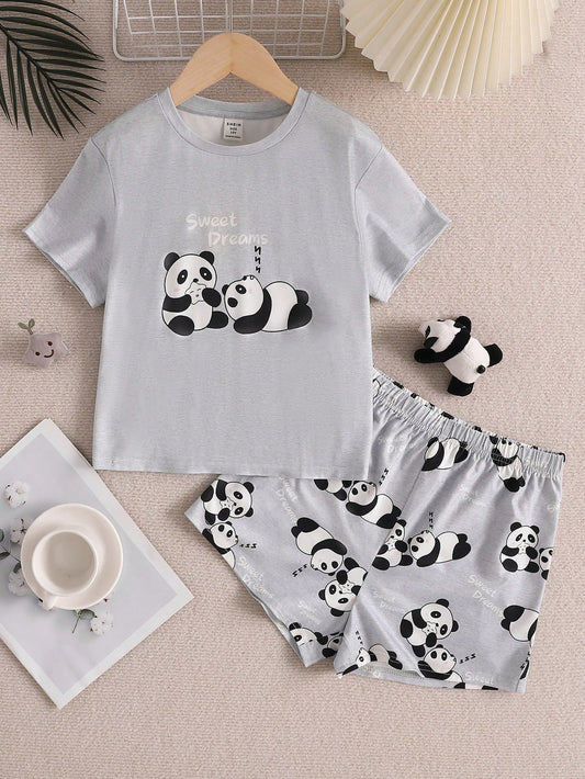 Tween Girl Summer Comfortable And Cute Bear Pattern Short-Sleeved Shorts Flame-Retardant Sleepwear Two-Piece Set