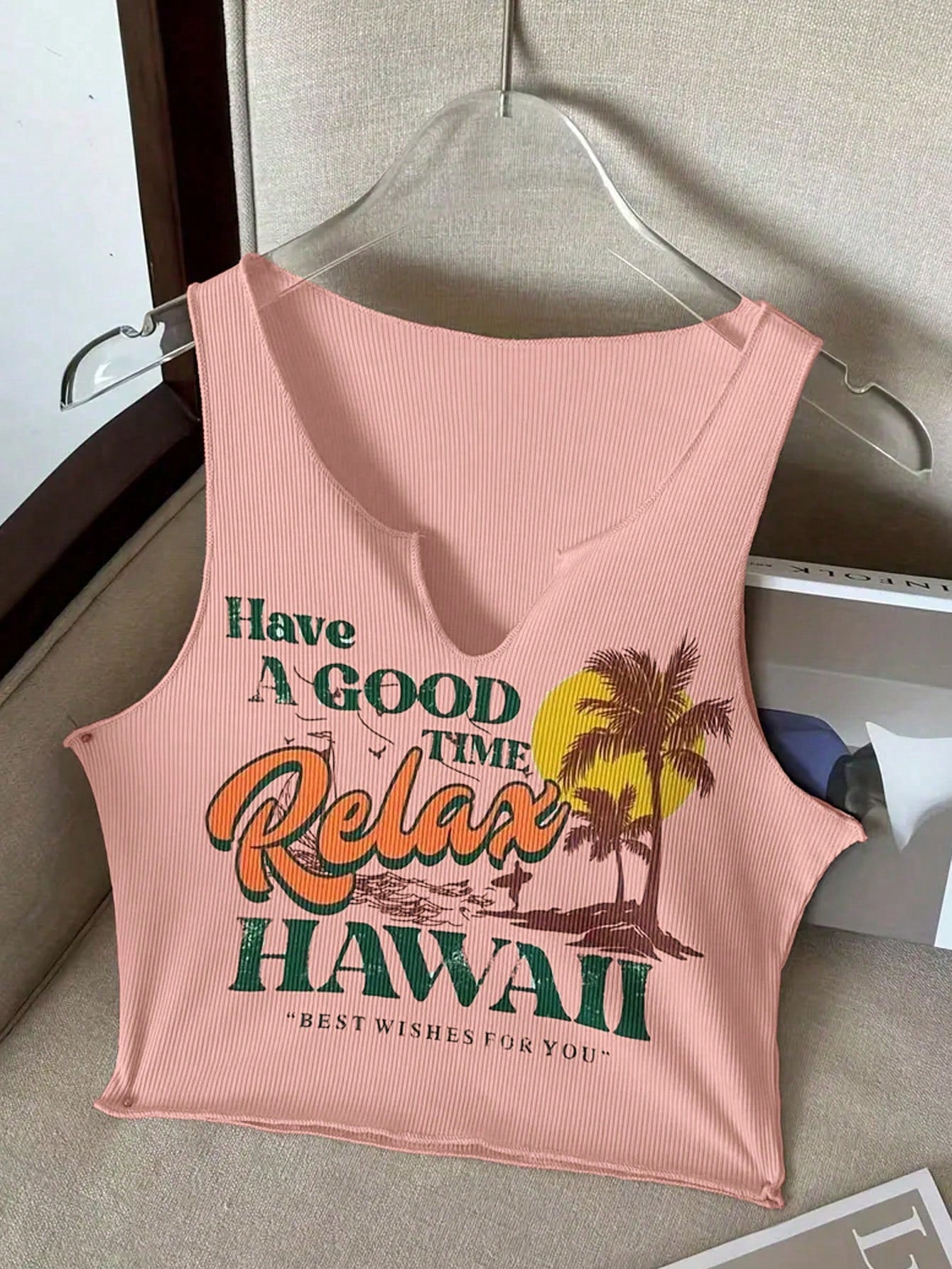 Plus Size Coconut Tree & Slogan Printed Tank Top For Summer