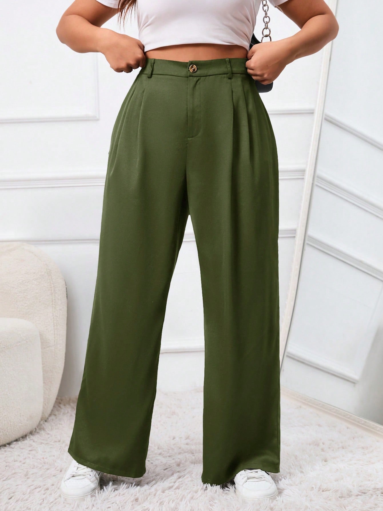 Plus Size Solid Color Button Fabric Pleated Dress Pants