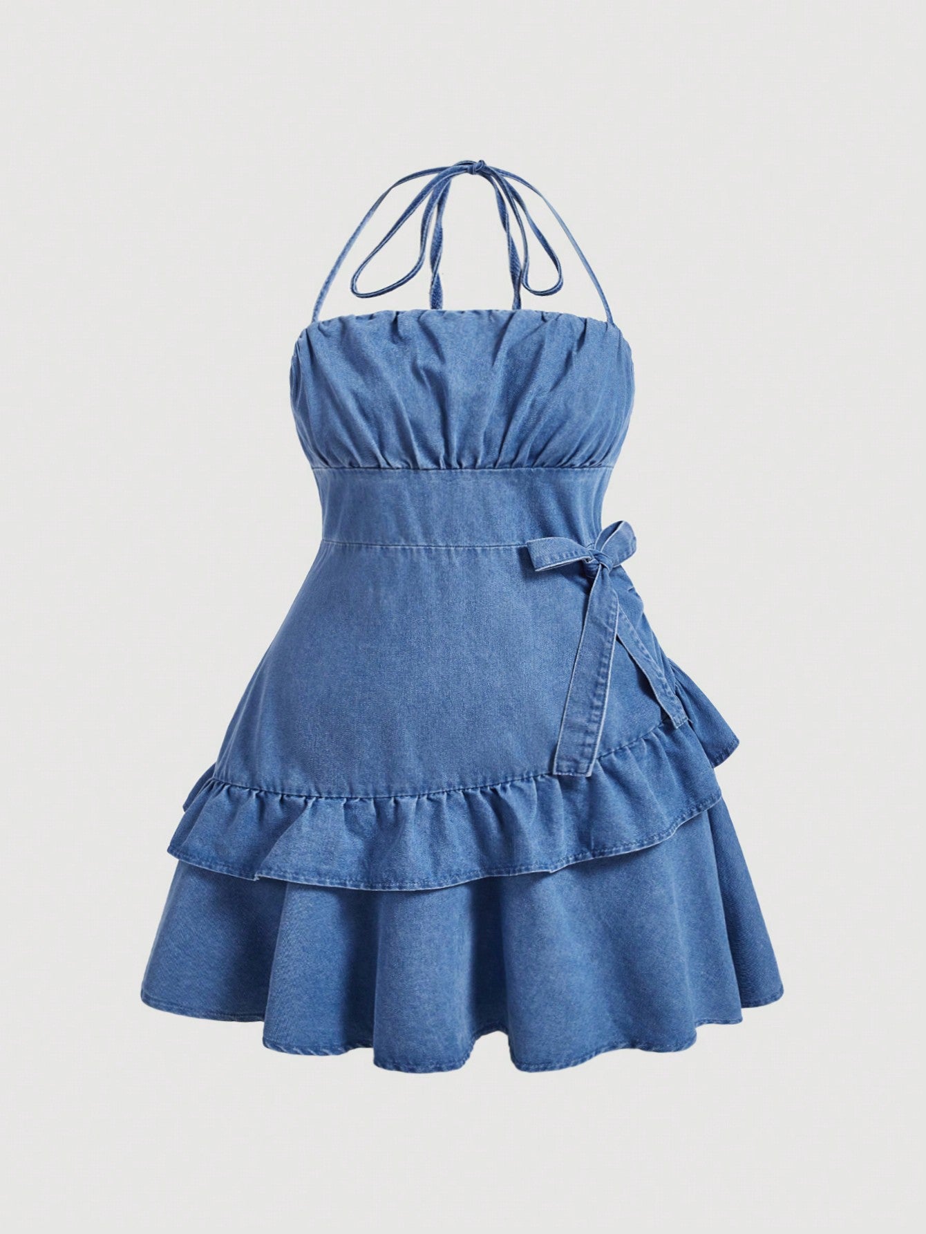 Plus Size Women Denim Dress Sweetheart Neckline Mini Dress With Ruffle Hem And Halter Design, Blue Women Denim Dress Bridgerton Style Dress