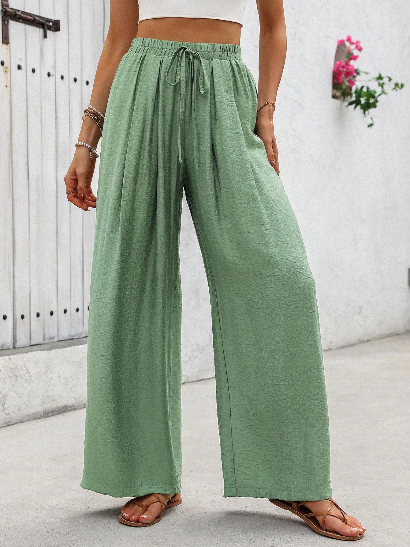 Spring And Summer Casual Drawstring Elastic Waist Wide Leg Pants