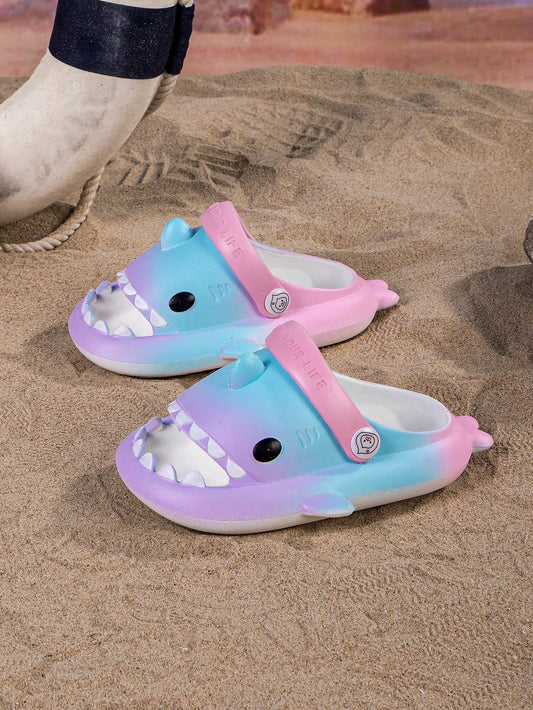 Children Hollow Out Shoes Fashionable Cartoon Shark Slippers Non-Slip EVA High-Elasticity Garden Shoes Beach Sandals Rainbow Colorblock Sandals