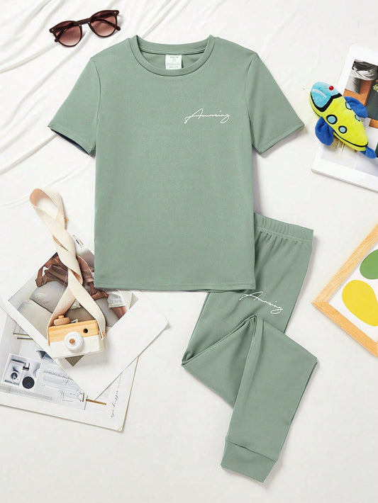 Tween Boy Round Neck Short Sleeve T-Shirt And Long Pants Personalized Letter Pattern Knitted Homewear 2pcs Set