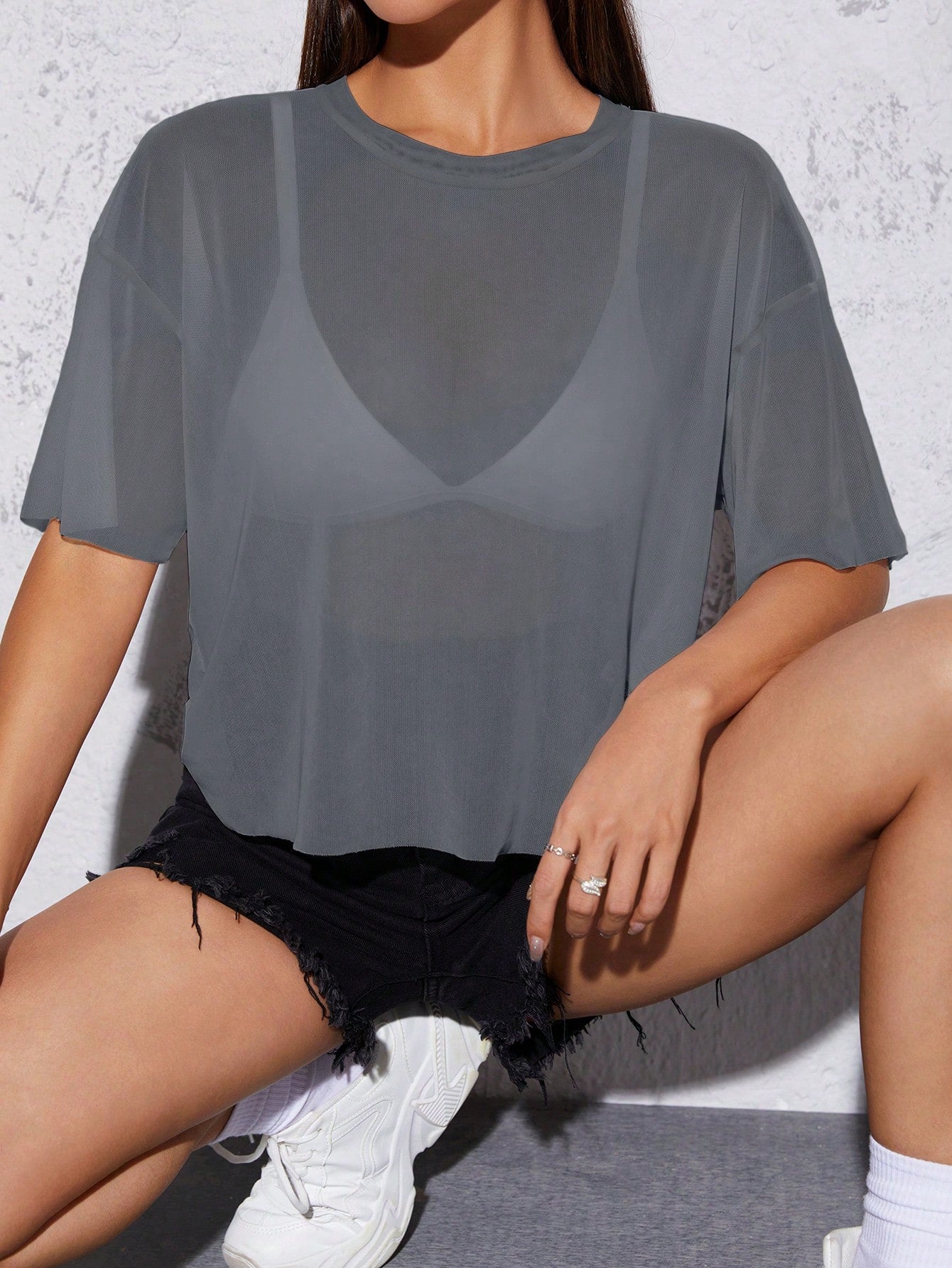 Drop Shoulder Sheer Mesh  Summer Women Black Top Without Bra