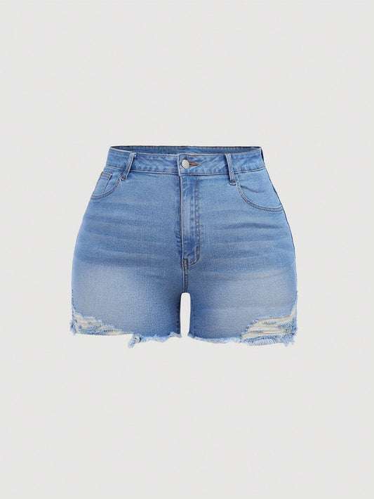 Plus Size Women Denim Shorts Slim Fit Stretch Ripped Casual Blue