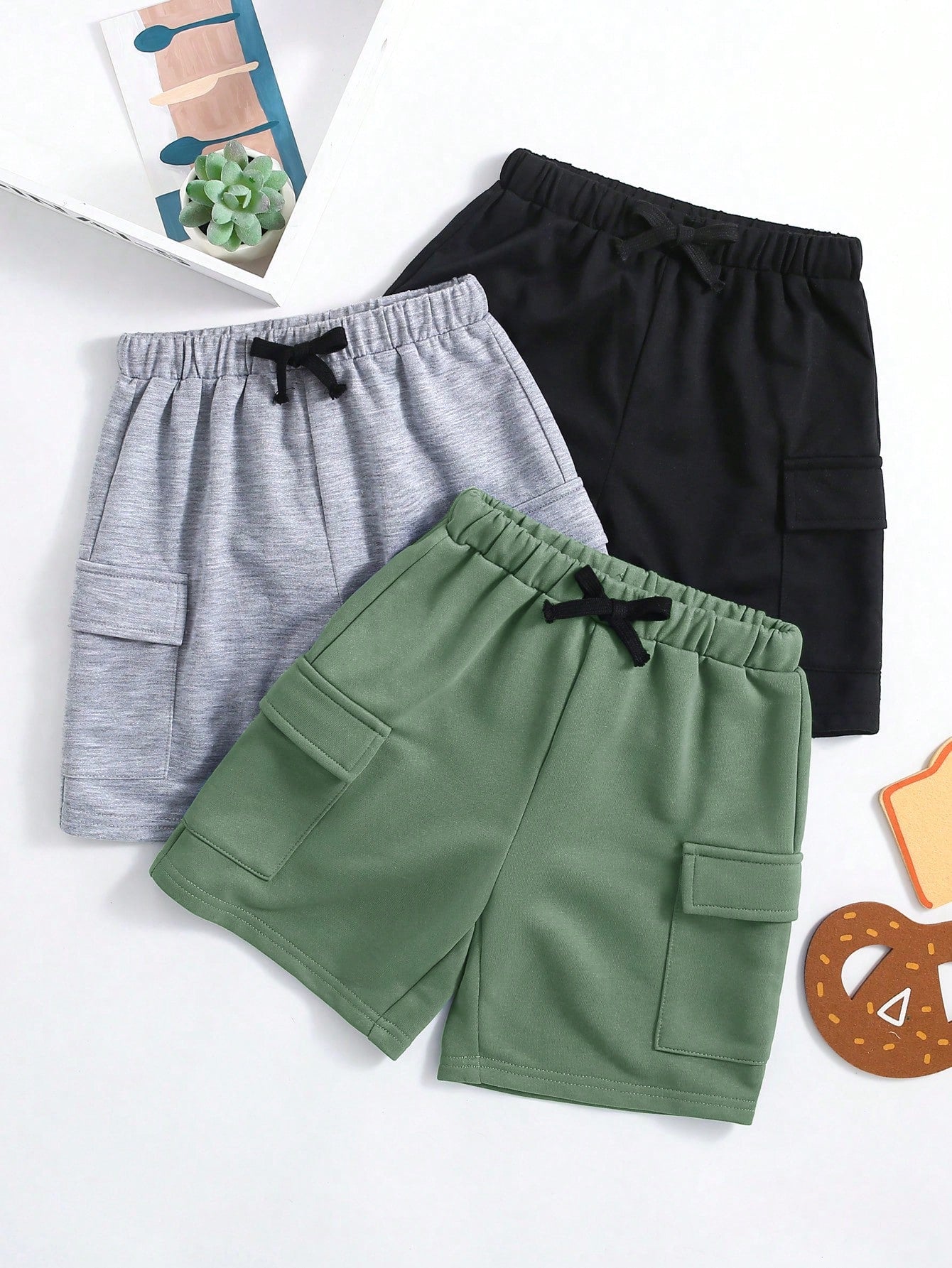 3pcs Young Boy Casual Solid Color Elastic Waist Drawstring Shorts With Pockets, Simple Style, Multiple Colors