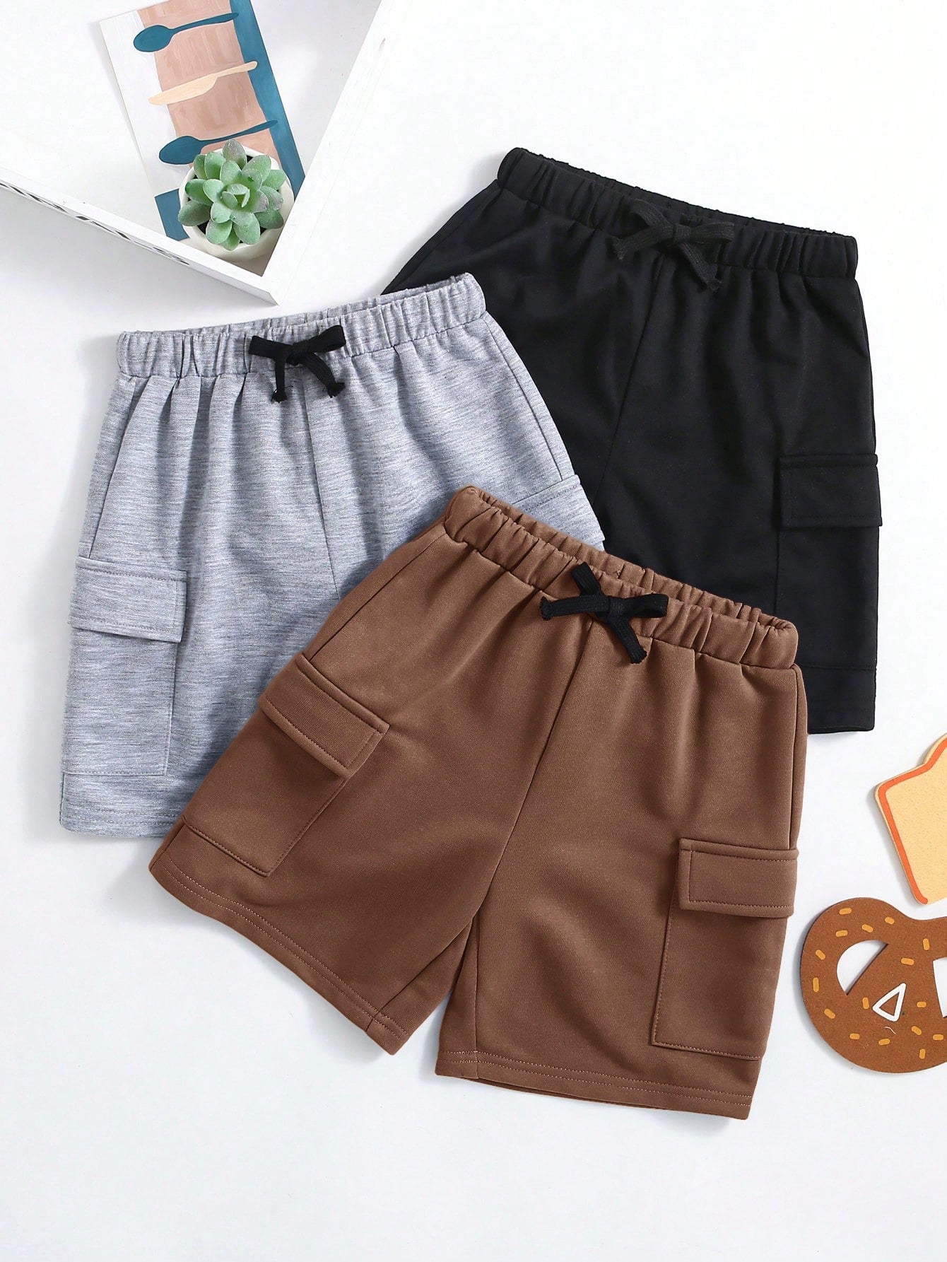 3pcs Young Boy Casual Solid Color Elastic Waist Drawstring Shorts With Pockets, Simple Style, Multiple Colors