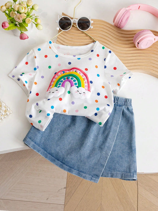 Young Girl Back To School Season Casual Cute Round Neck Regular Sleeves Colorful Polka Dot Rainbow Printed T-Shirt And Plain Denim Skort Set Summer