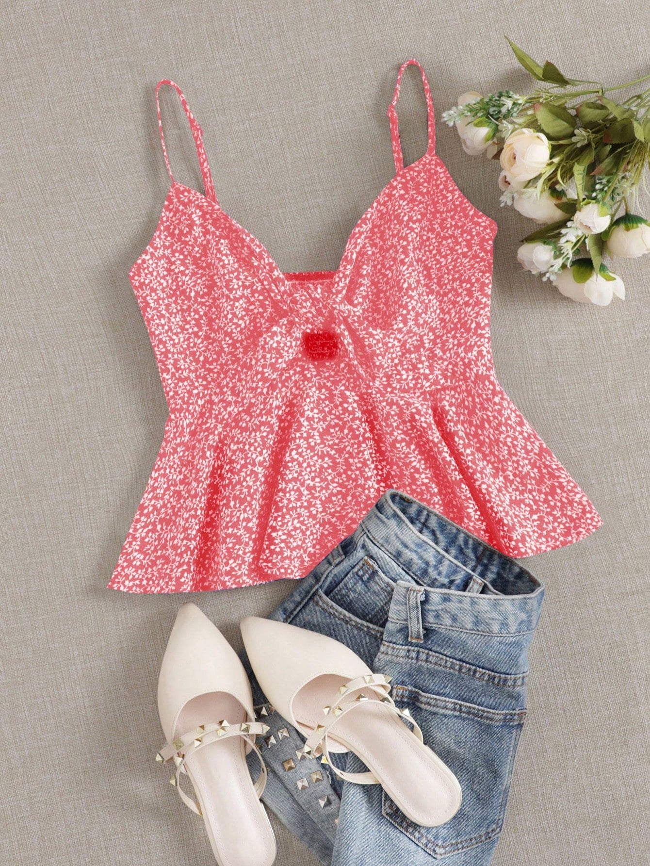 Vacation Ditsy Floral Self-Tie Cami Peplum Red Top