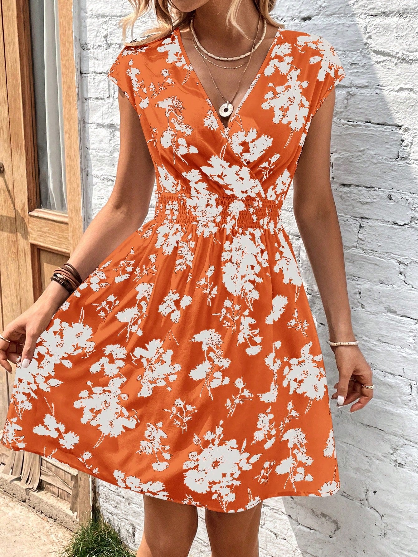 Women's Random Printed Plant V-Neck Dress