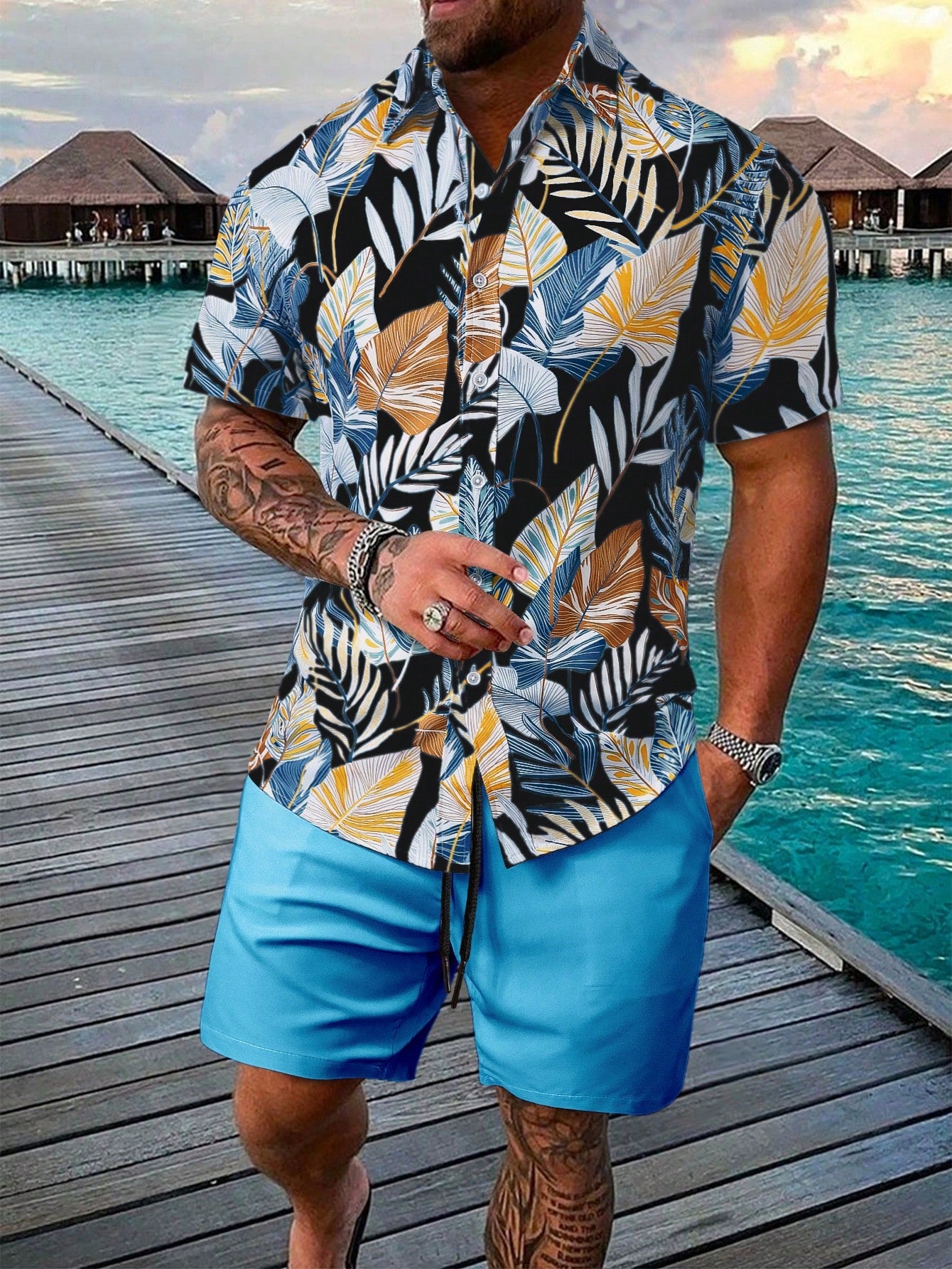 Men's Tropical Plant Print Short Sleeve Shirt And Shorts Set