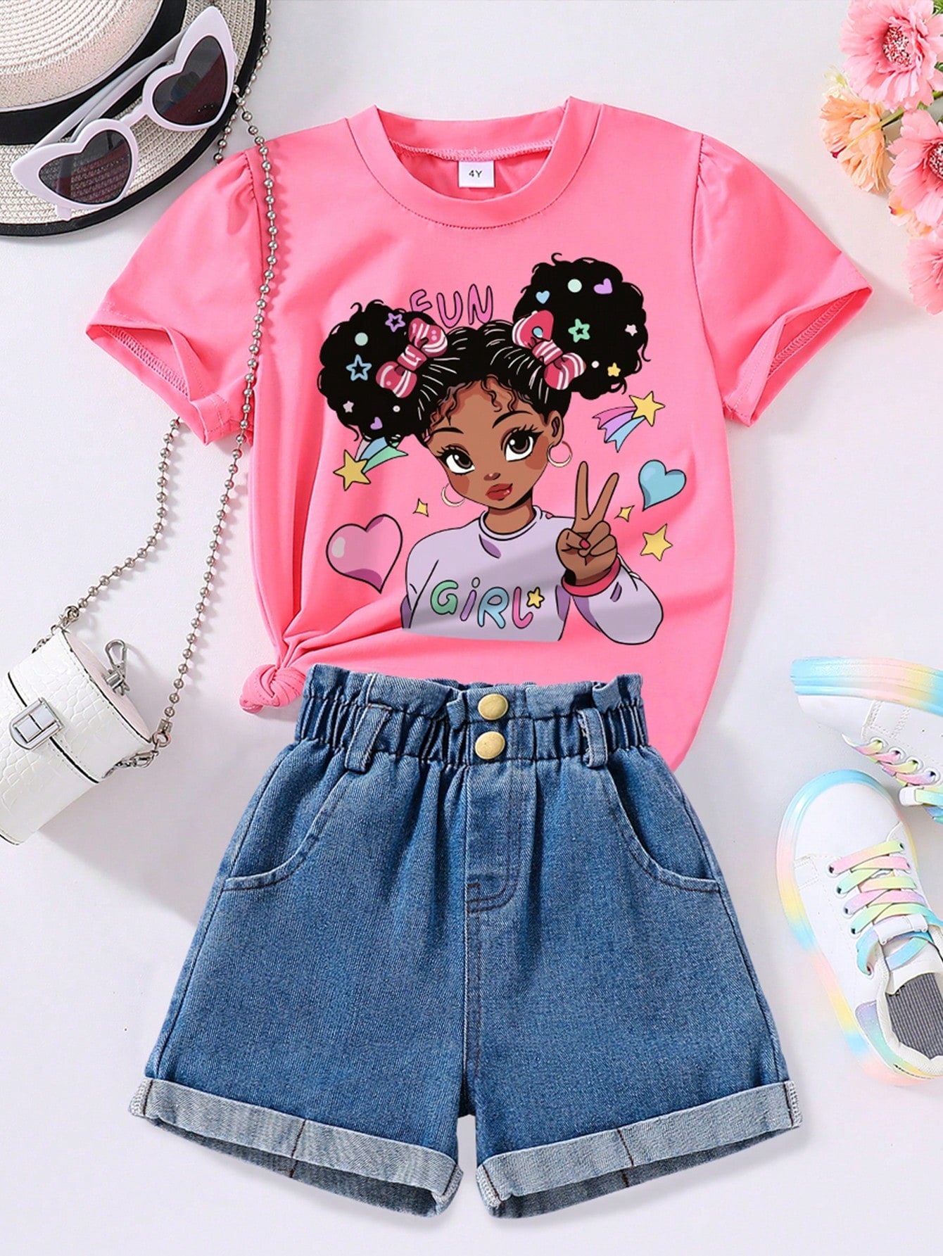 Young Girl Cartoon Girl Heart Pattern Printed Short Sleeve T-Shirt And Denim Shorts Set