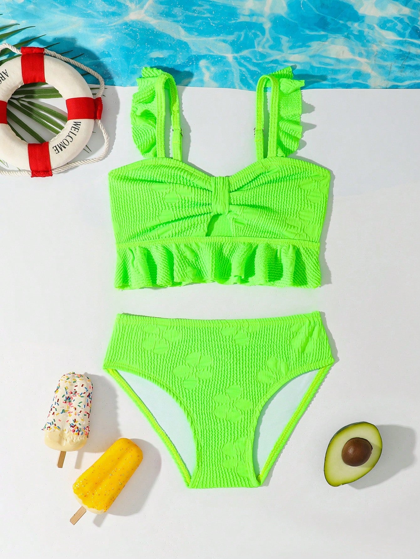 Young Girl Summer Neon Green Vacation Ruffle Trim Tankini Swimsuit Bathing Suit