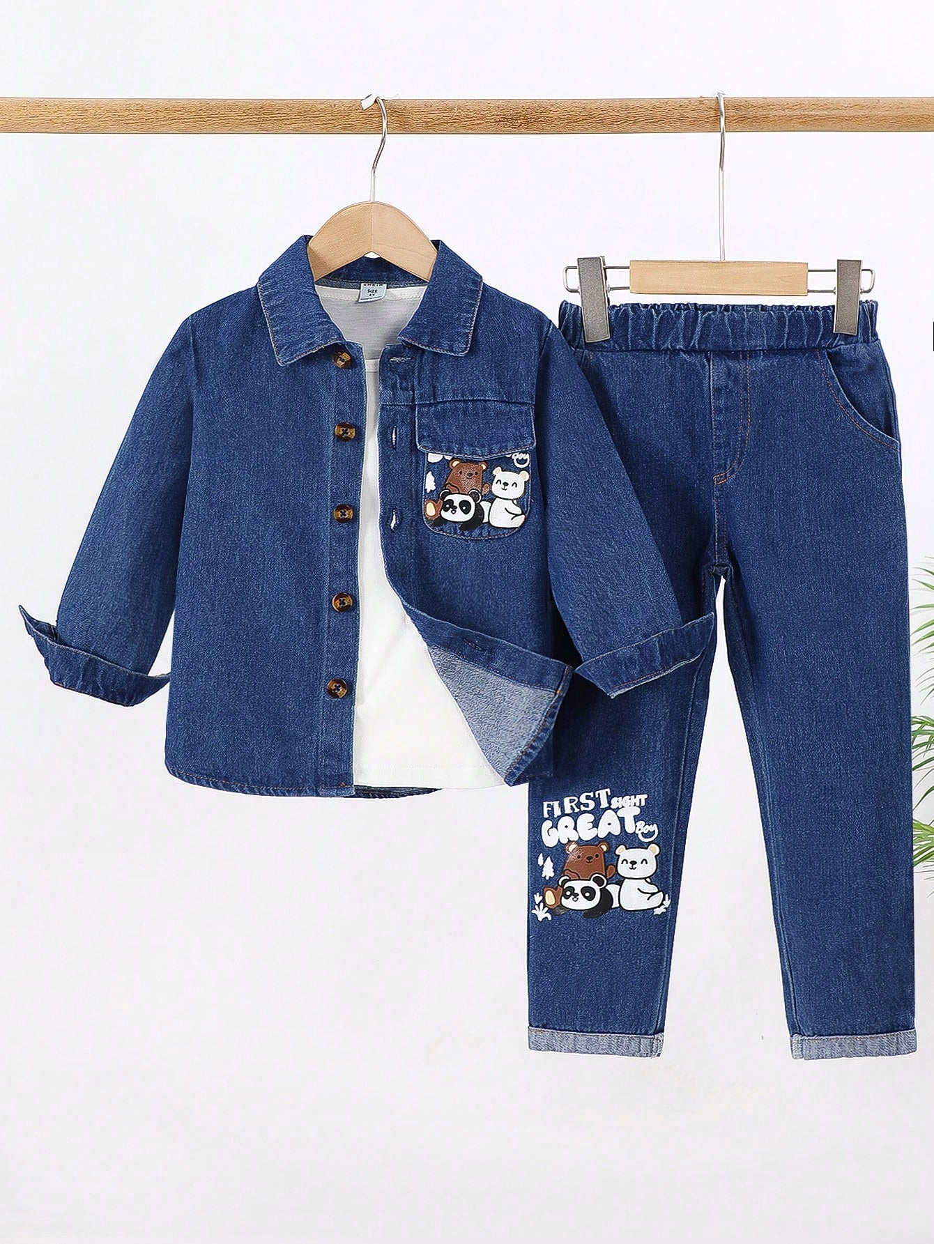 Young Boys' Casual Printed Bear Design Distressed Jacket & Letter Decor Denim Long Pants