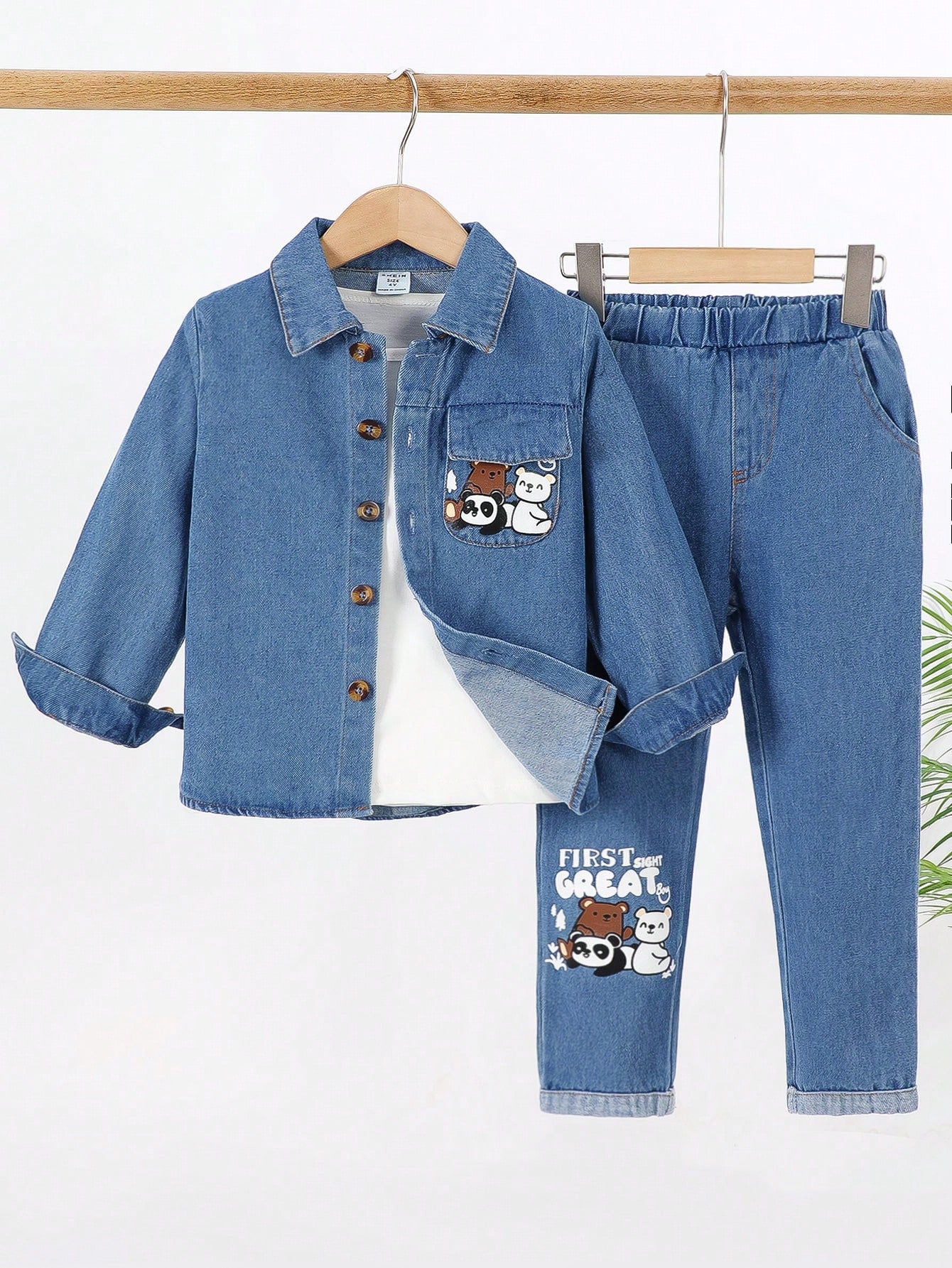 Young Boys' Casual Printed Bear Design Distressed Jacket & Letter Decor Denim Long Pants