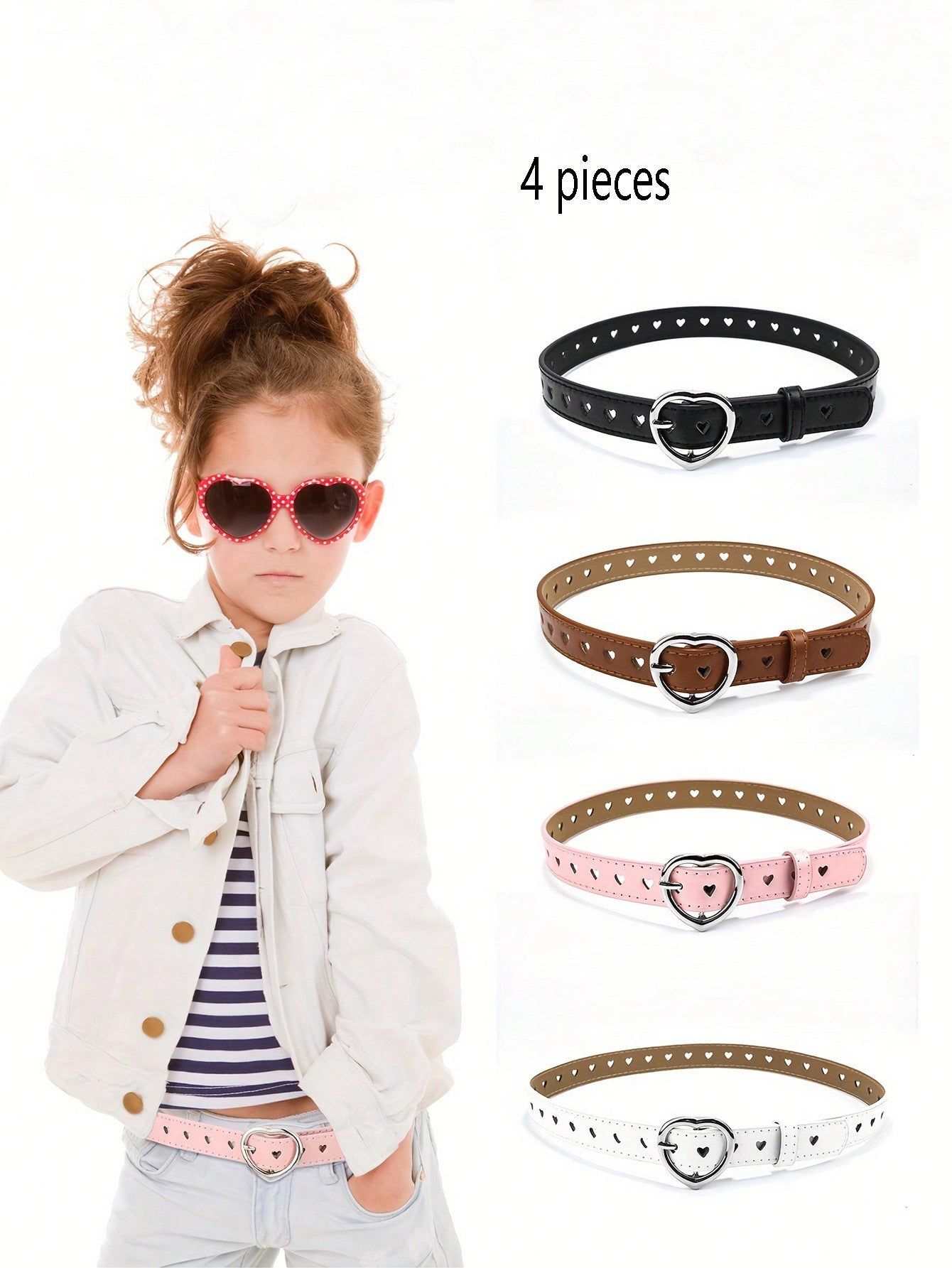 4pcs Children Punk Style Belts For Girls, Heart Shaped & Hollow Out Design Jean Belt