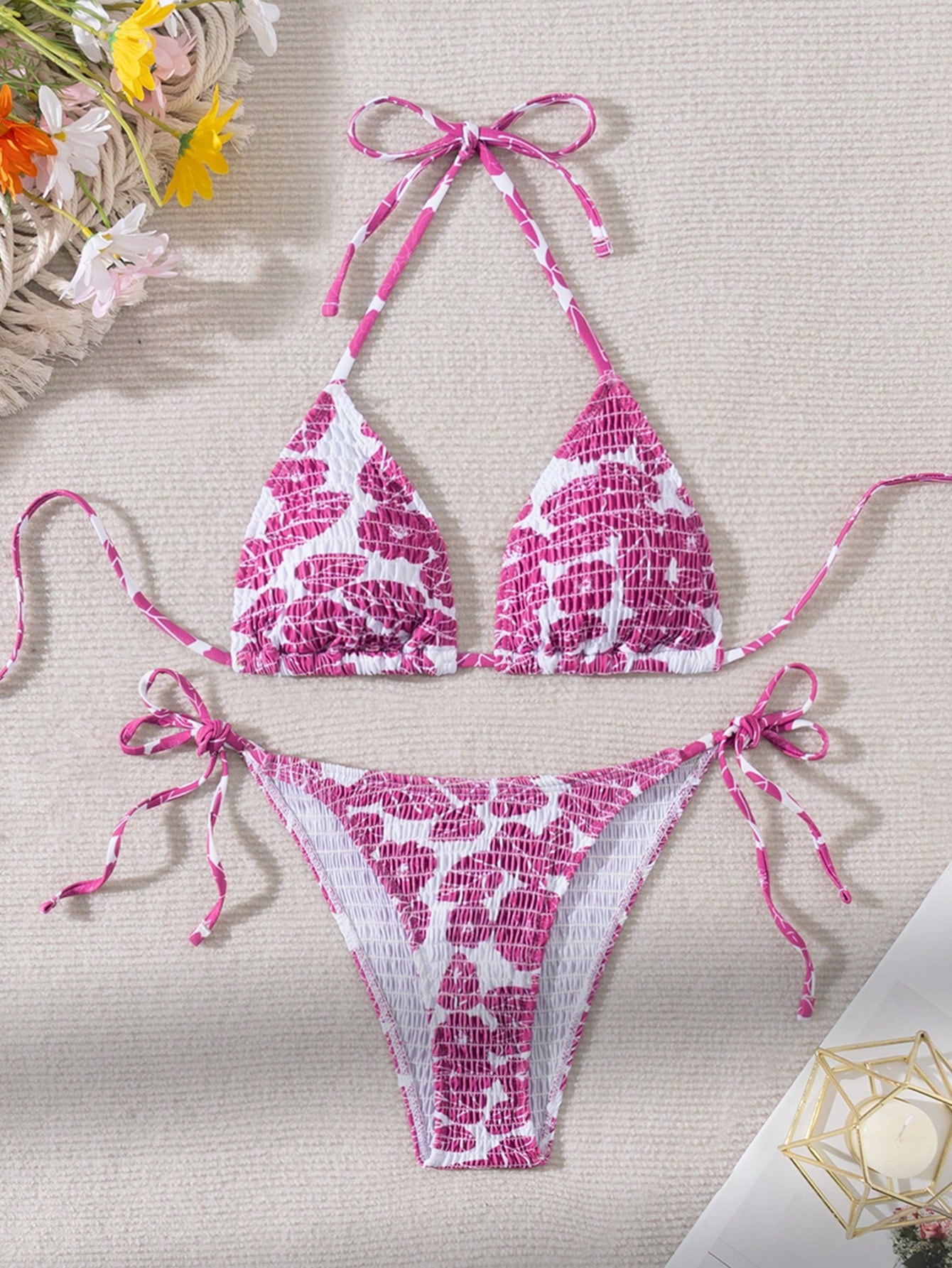 Swim Mod Summer Beach Floral Print Smocked Halter Triangle Bikini Set