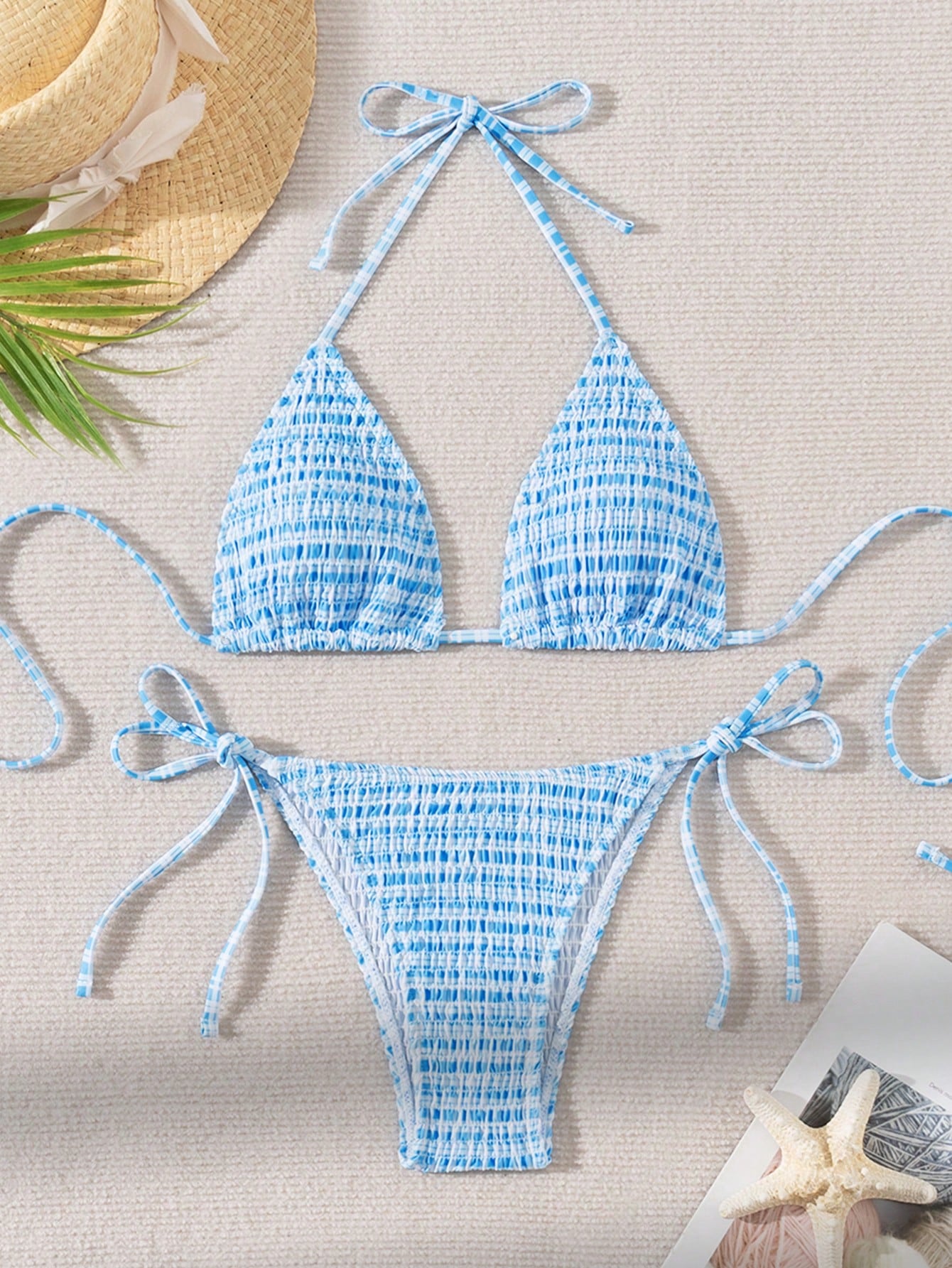 Swim Mod Summer Beach Women's Plaid Patterned Halter Neck Bikini Set For Beach Vacation