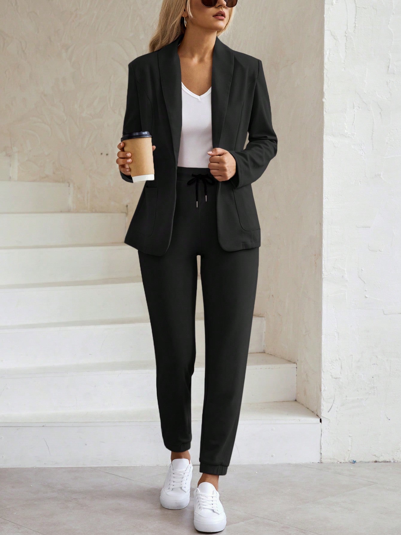 Womens Grainy Texture Shawl Collar Open Front Blazer With Elastic Drawstring Waist And Cuffed Pants Suit Set