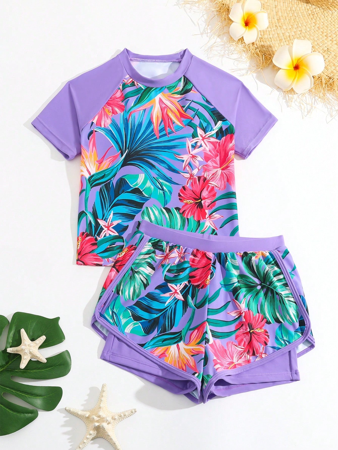 Tween Girl Tropical Print Raglan Sleeve Rashguard Summer Beach