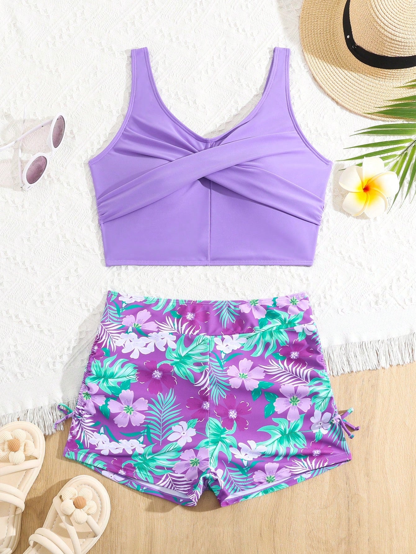 Teen Girl Holiday Crossed Plain Top And Tropical Print Shorts Swimsuit Set