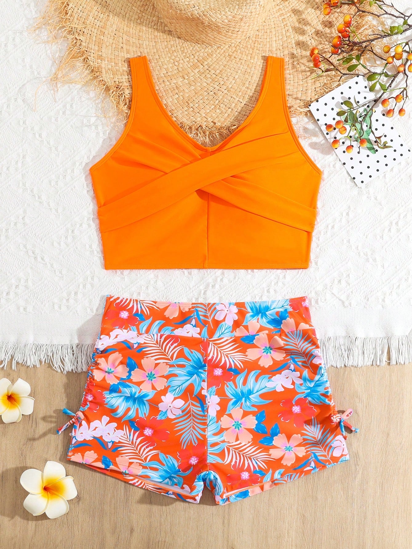 Teen Girl Holiday Crossed Plain Top And Tropical Print Shorts Swimsuit Set