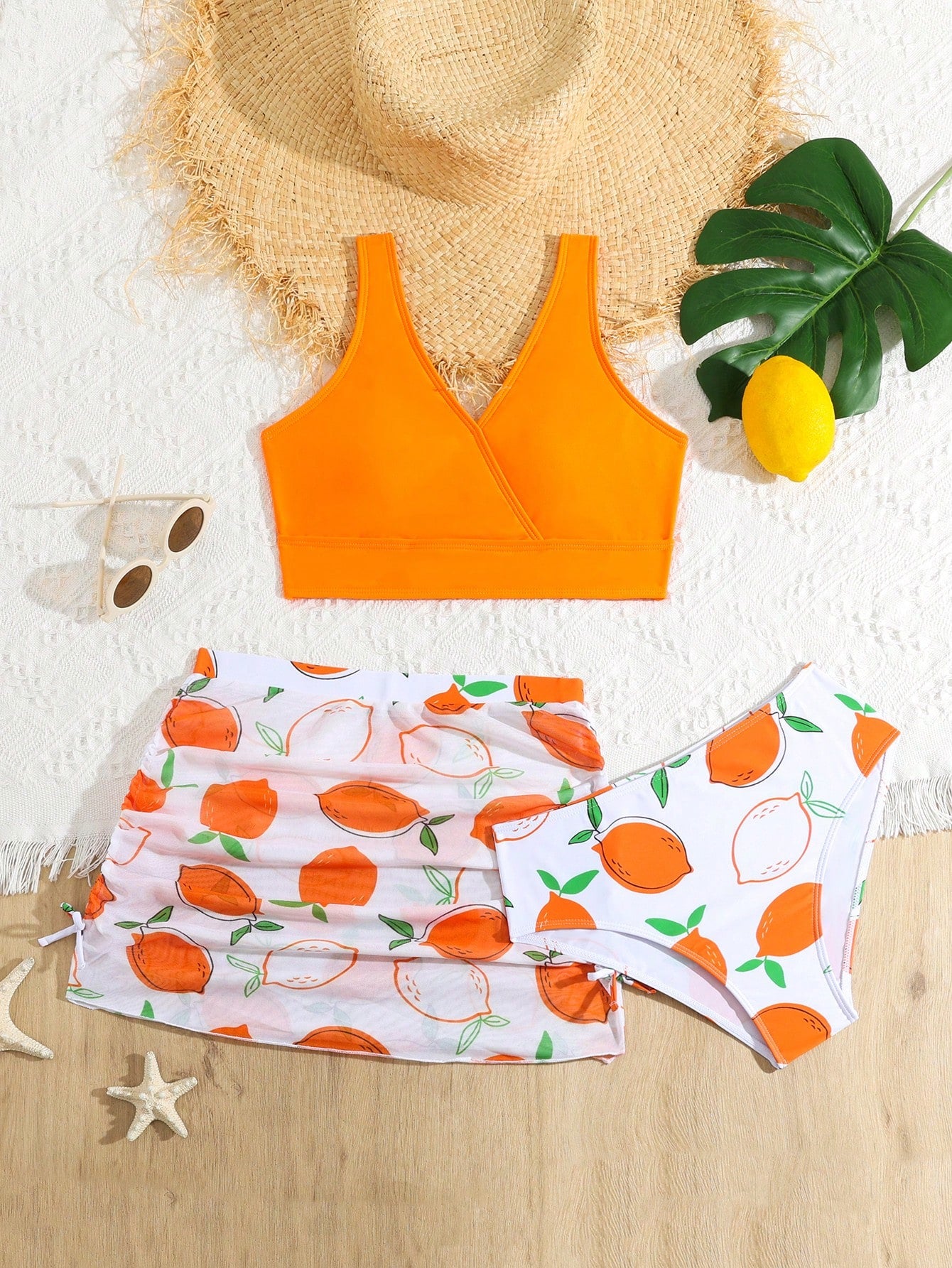 Teen Girl Lemon Print Bikini Set With Beach Skirt Summer Beach