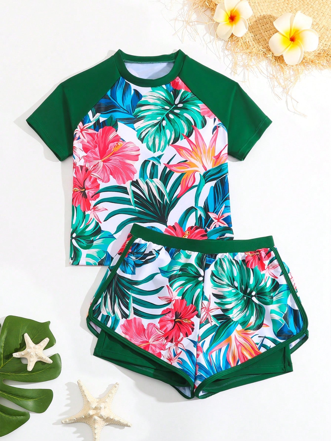 Tween Girl Tropical Print Raglan Sleeve Rashguard Summer Beach