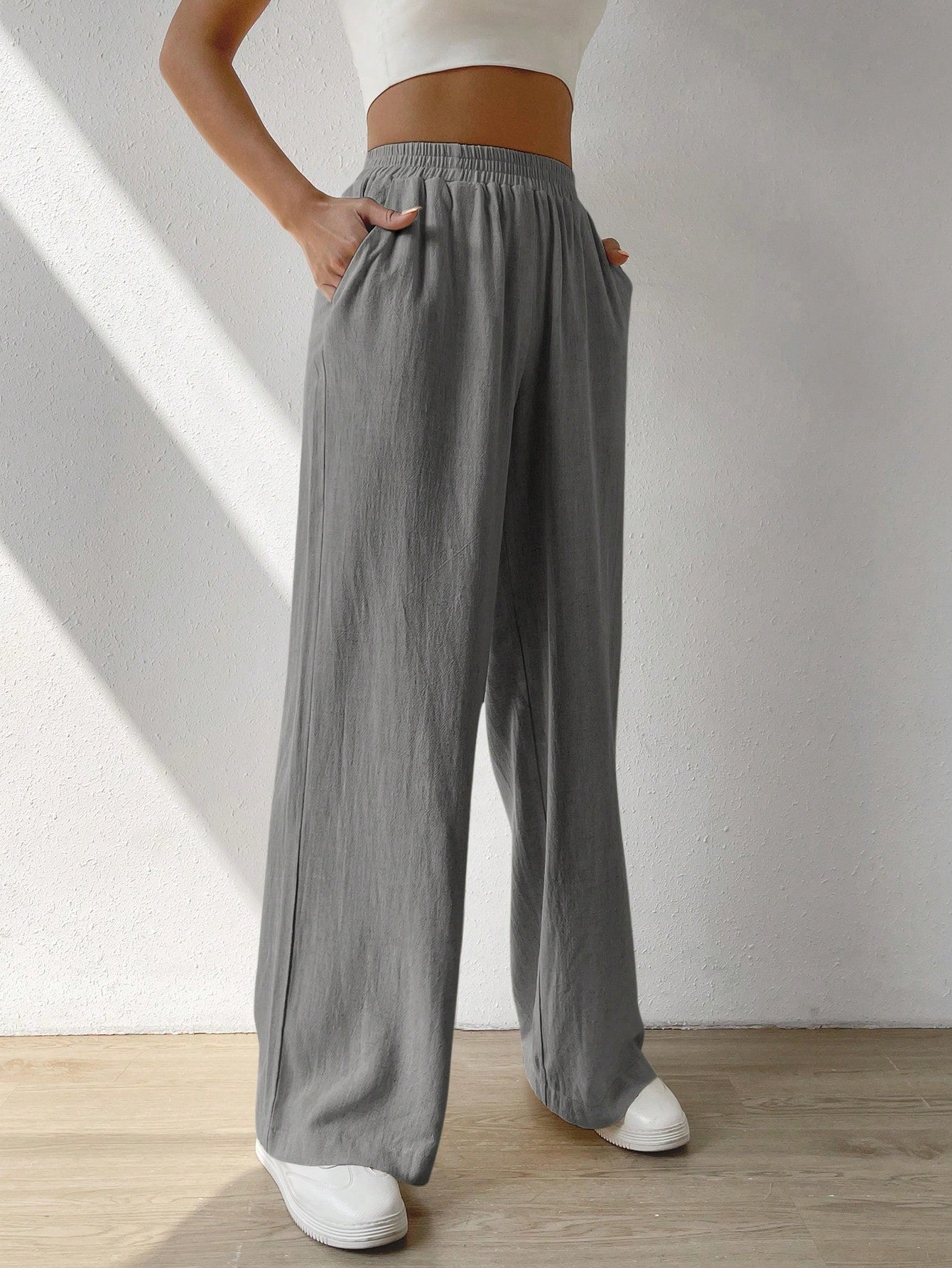 Solid Slant Pocket Wide Leg Pants