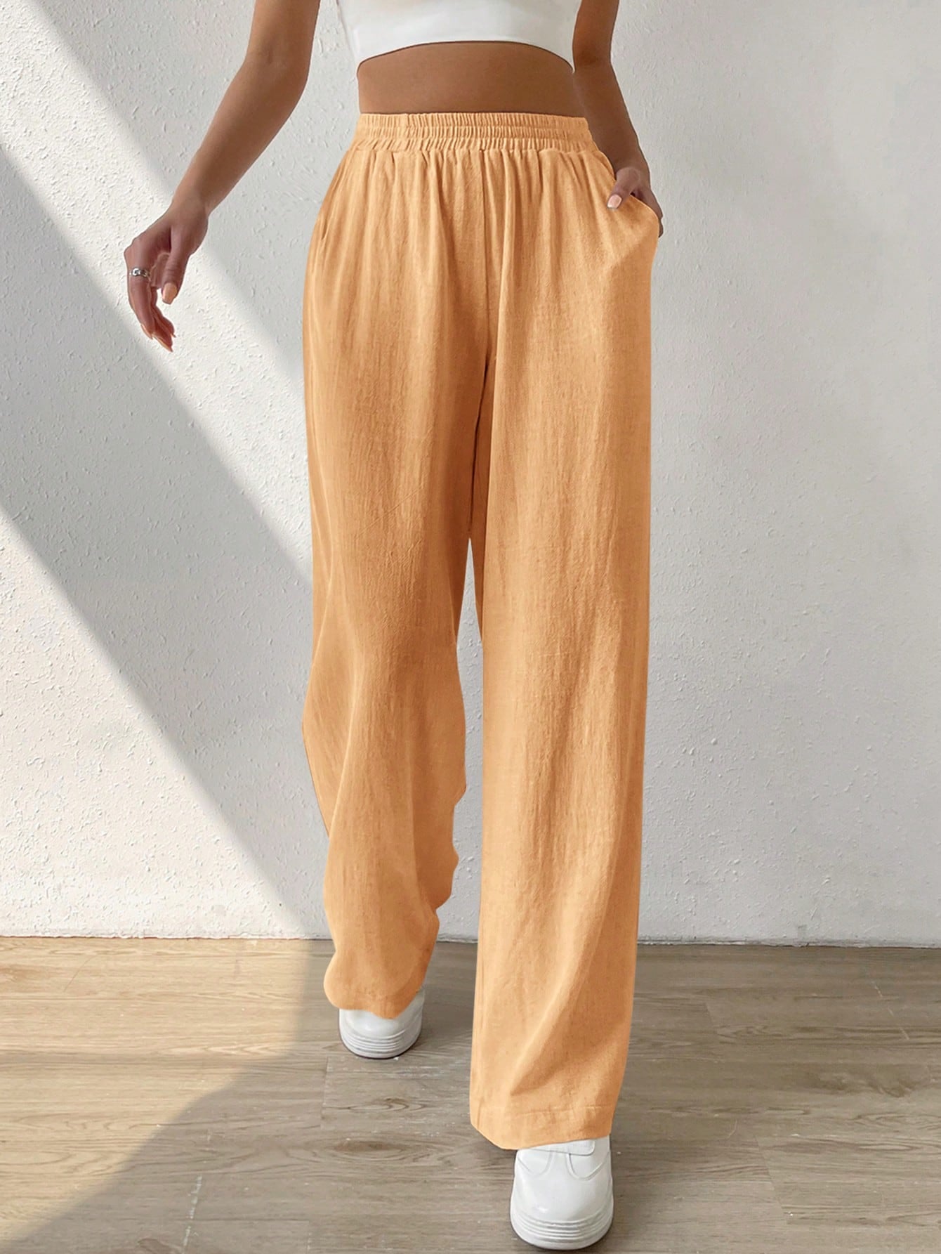 Solid Slant Pocket Wide Leg Pants