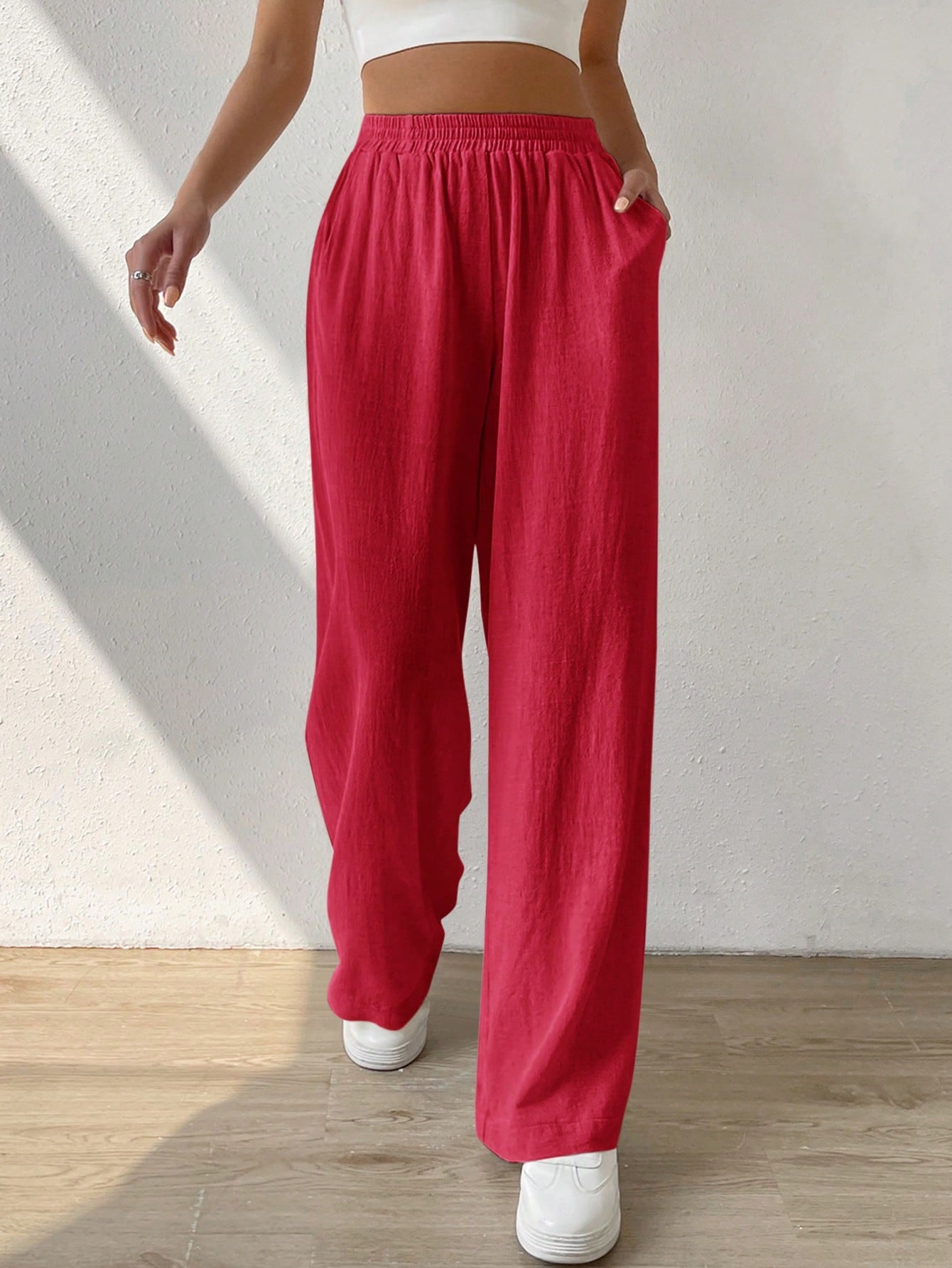 Solid Slant Pocket Wide Leg Pants