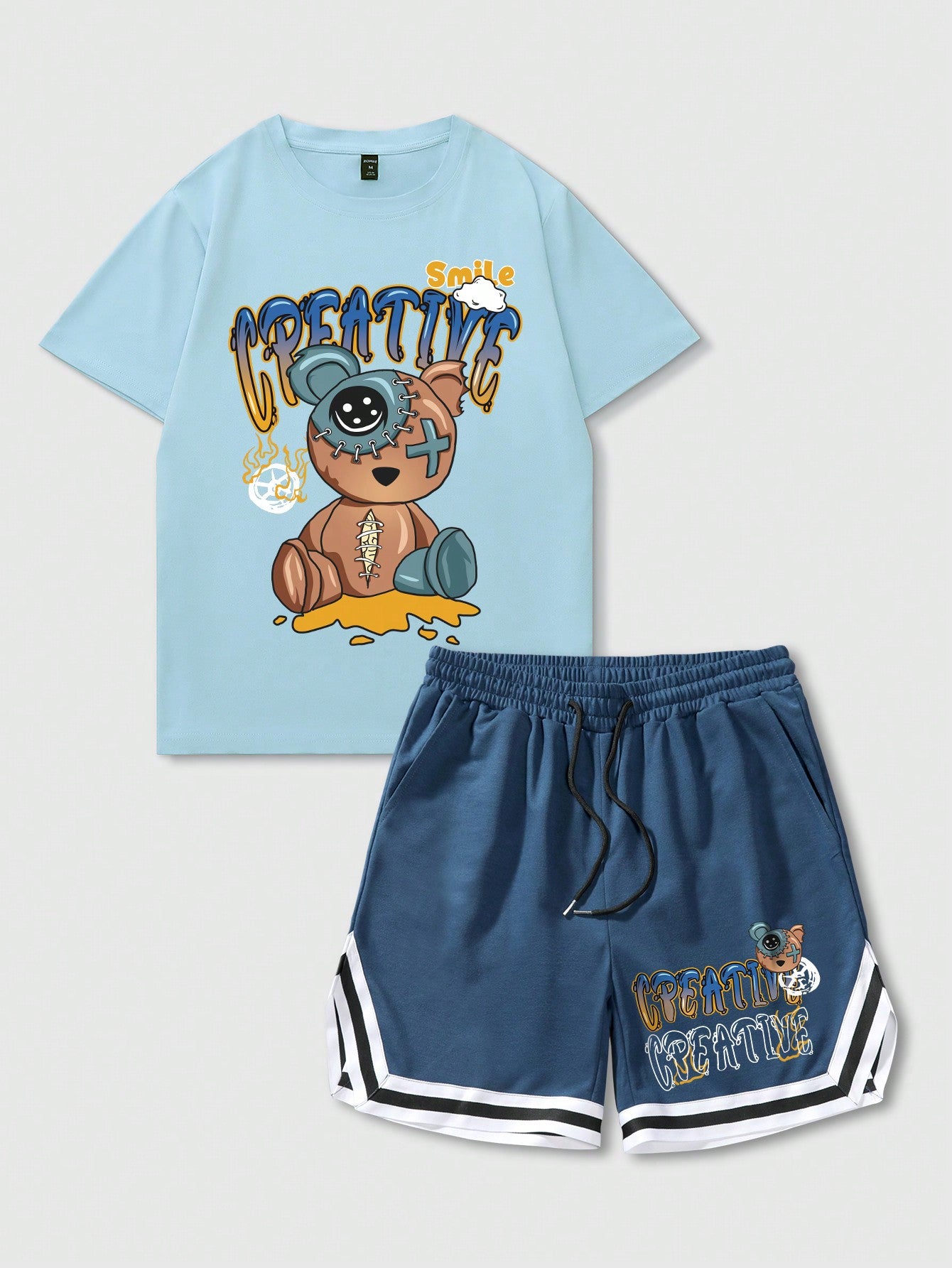 Street Life Men Cartoon Bear & Letter Print T-Shirt With Drawstring Shorts Two-Piece Set