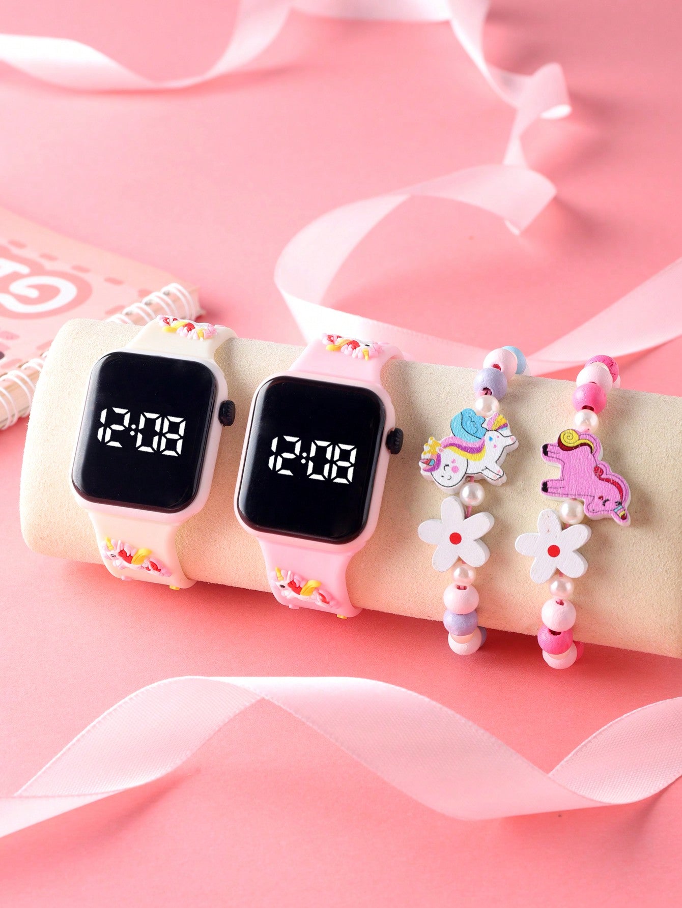 2pcs/Set Unicorn Pattern LED Digital Watch & 2pcs Unicorn Beaded Bracelets, Suitable For Daily Wear