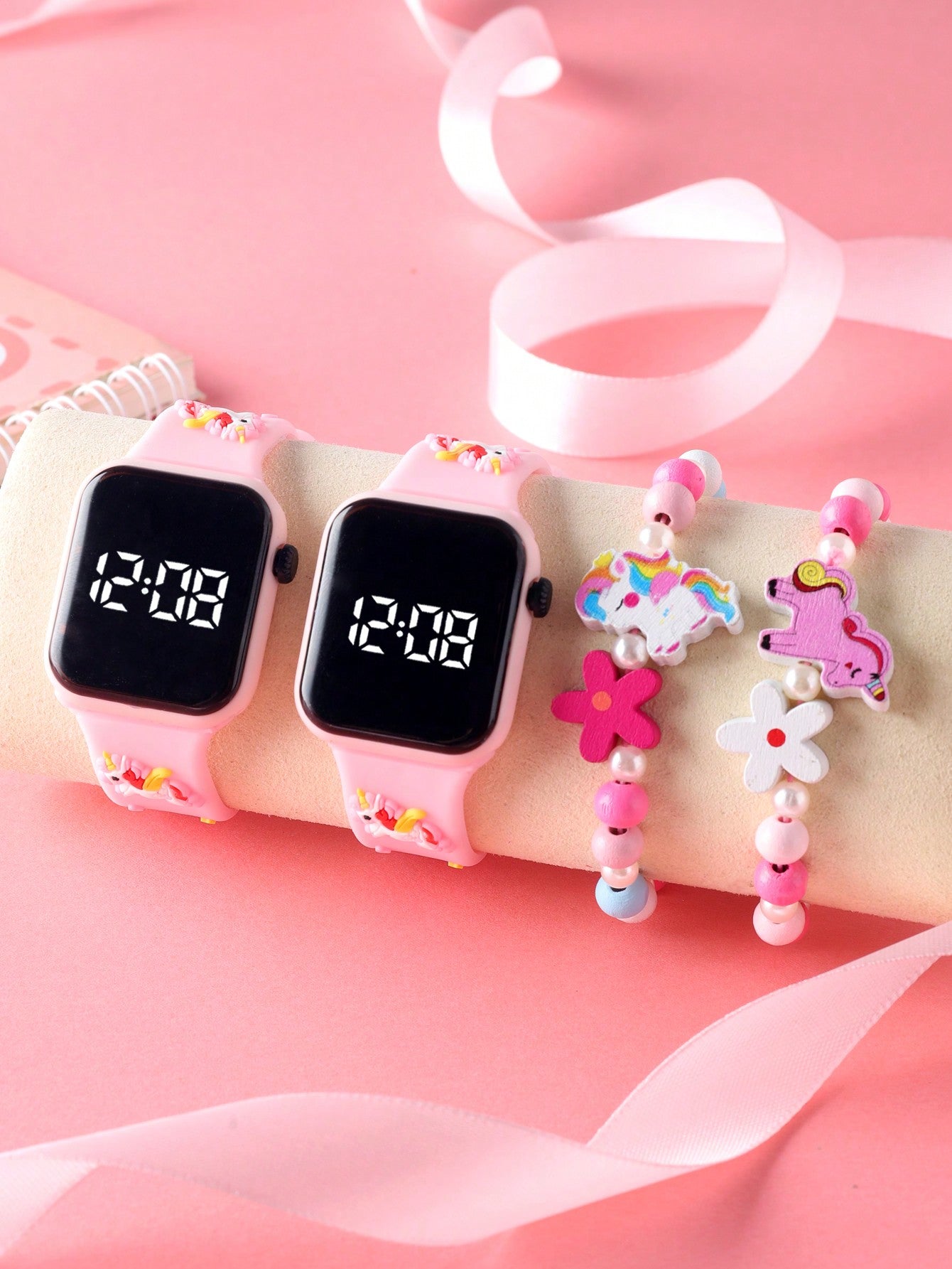 2pcs/Set Unicorn Pattern LED Digital Watch & 2pcs Unicorn Beaded Bracelets, Suitable For Daily Wear