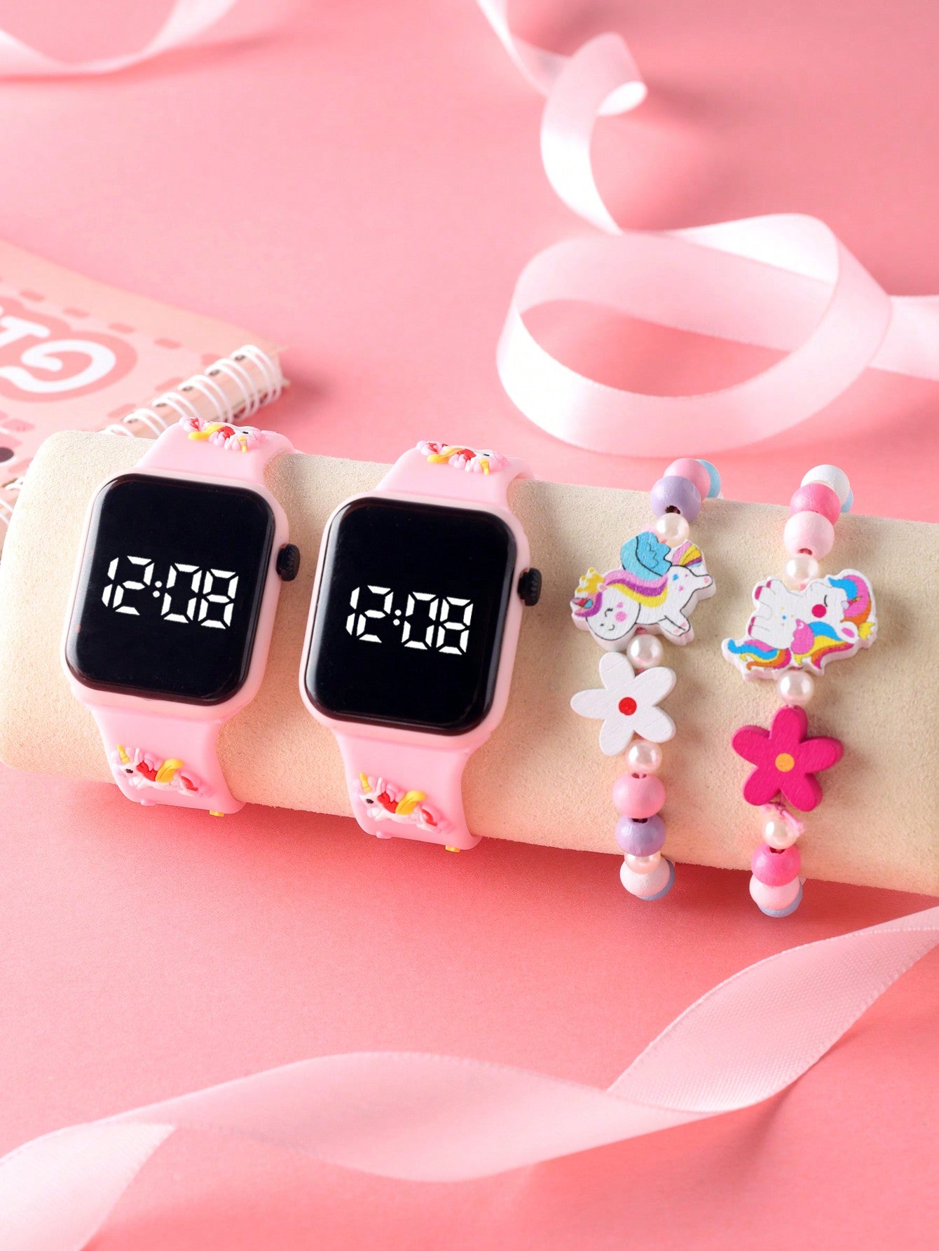 2pcs/Set Unicorn Pattern LED Digital Watch & 2pcs Unicorn Beaded Bracelets, Suitable For Daily Wear