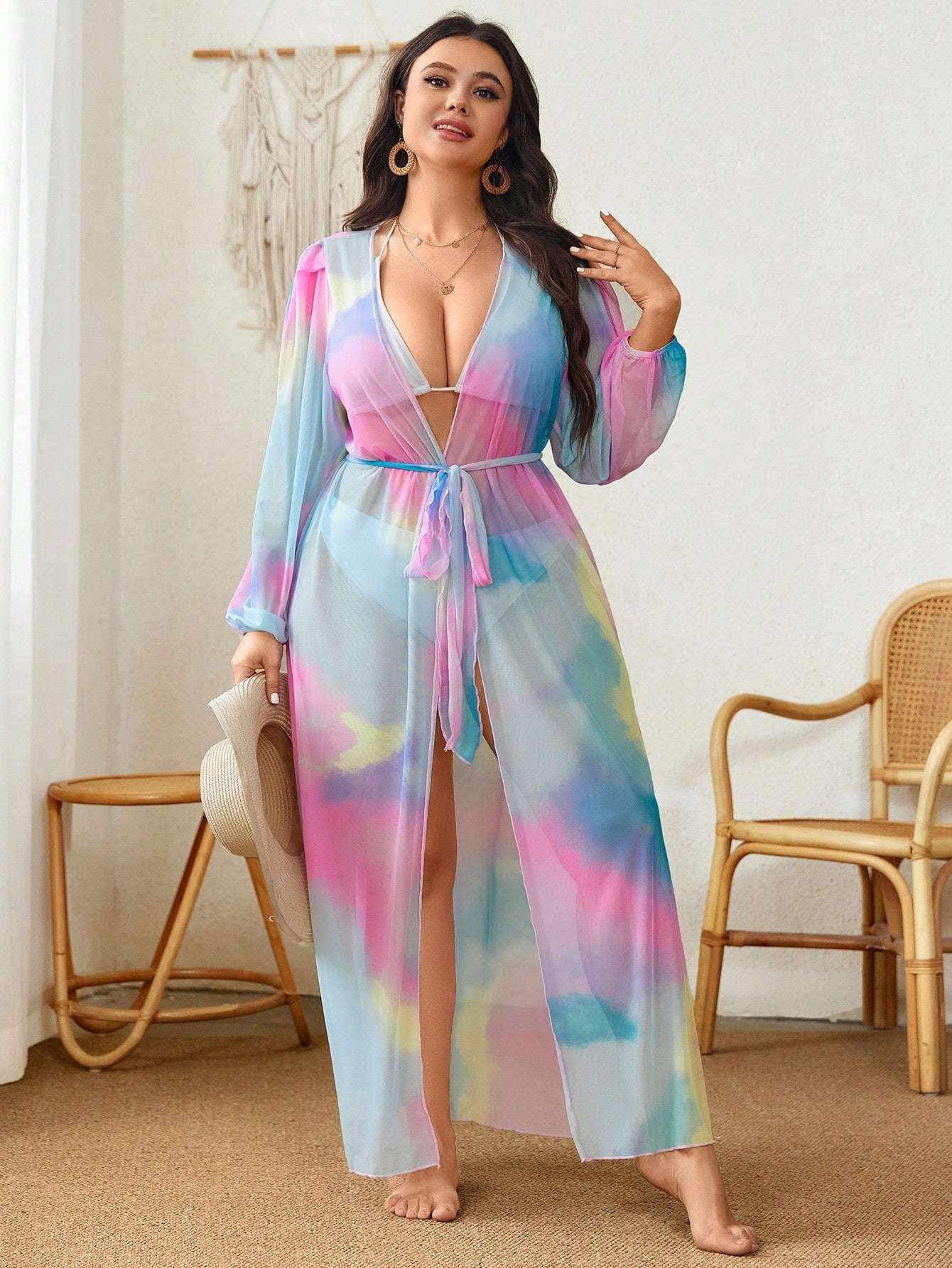 Swim Curve Plus Size Tie Waist Tie Dye Colored Vacation Style Casual Kimono