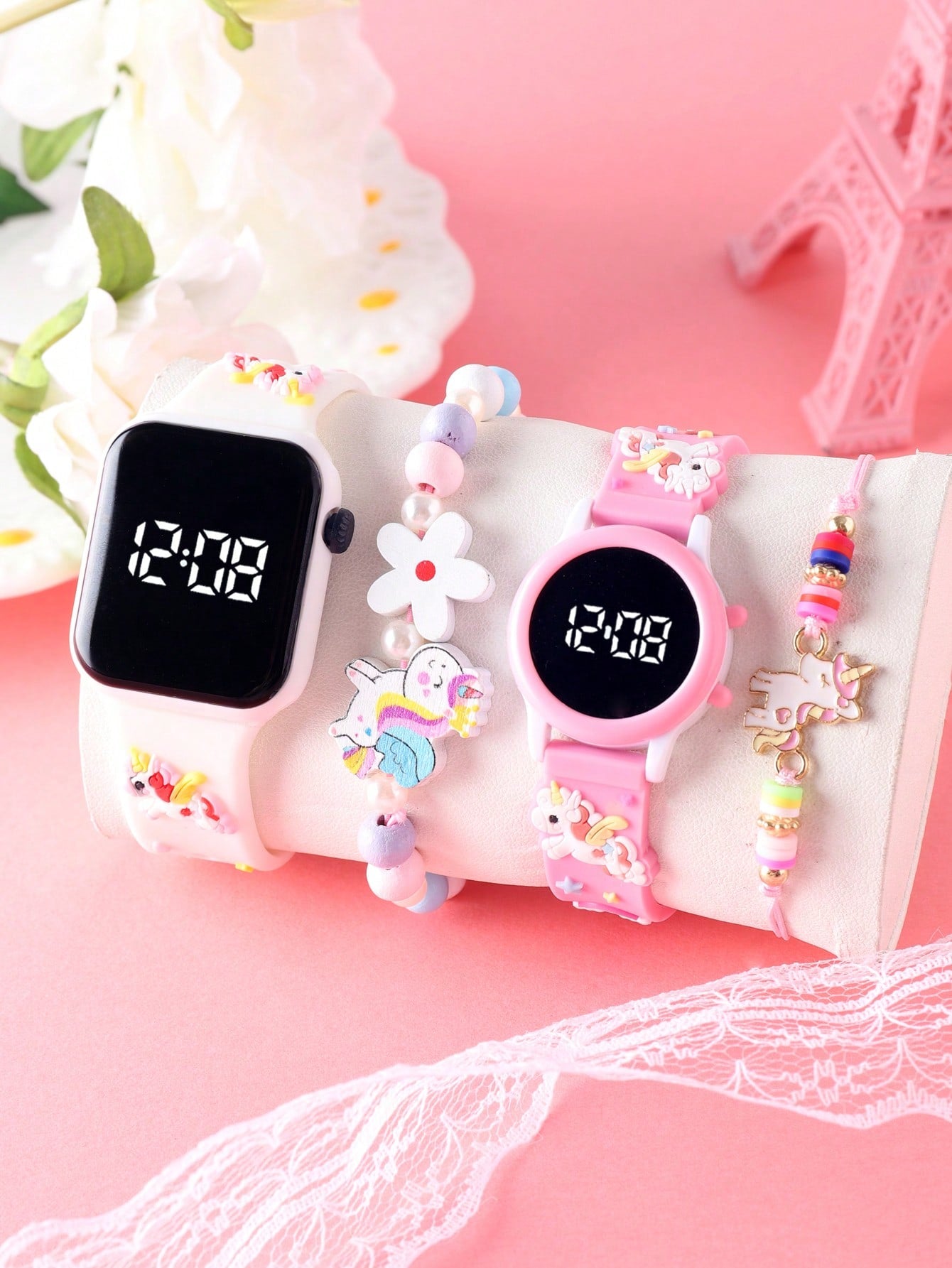 2pcs Dry Battery Operated Cartoon Unicorn Decorated LED Digital Bracelet Watch And 2pcs Beaded Unicorn Elastic Bracelets, Suitable For Daily Wear (For Girls)