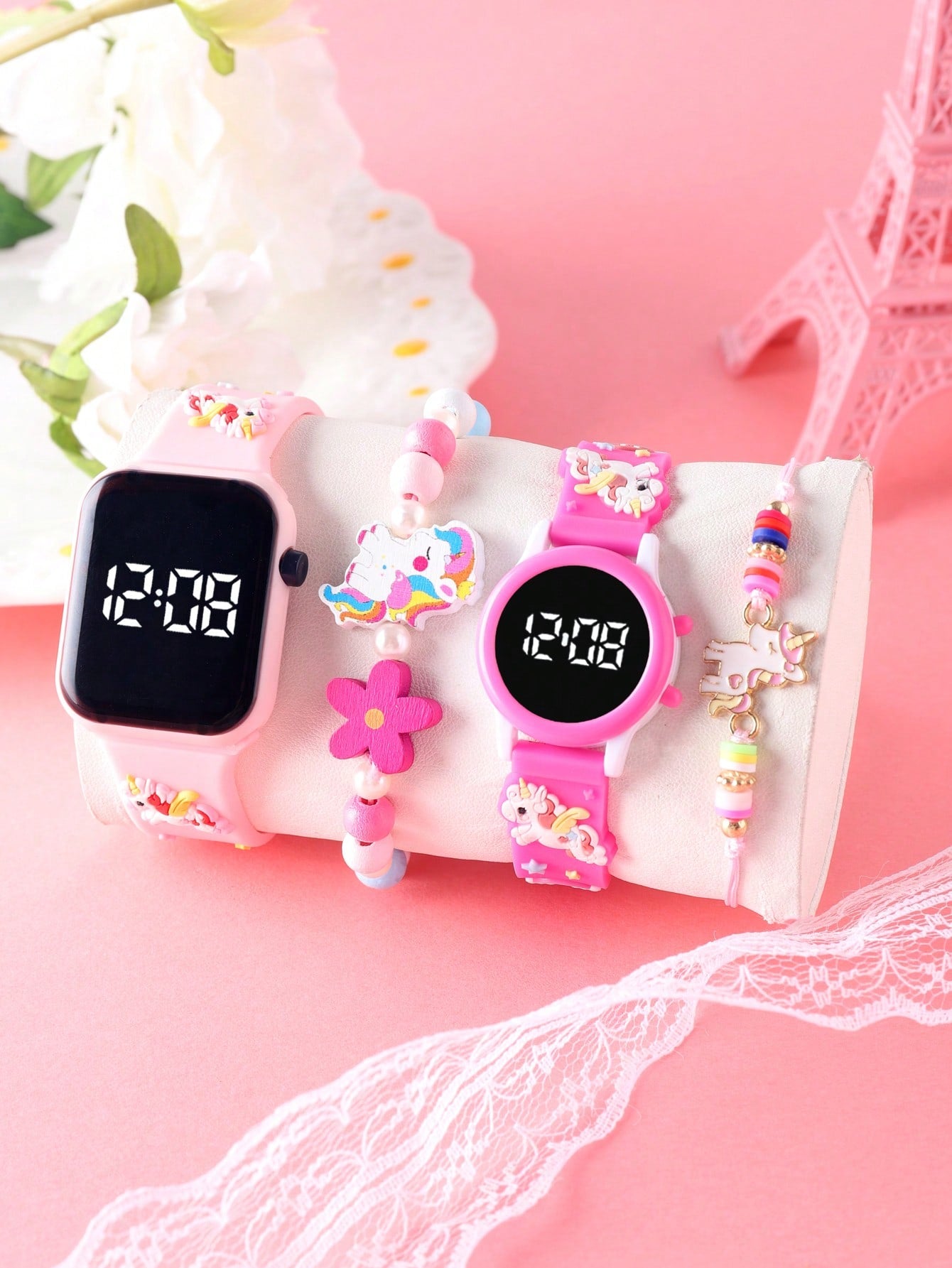 2pcs Dry Battery Operated Cartoon Unicorn Decorated LED Digital Bracelet Watch And 2pcs Beaded Unicorn Elastic Bracelets, Suitable For Daily Wear (For Girls)