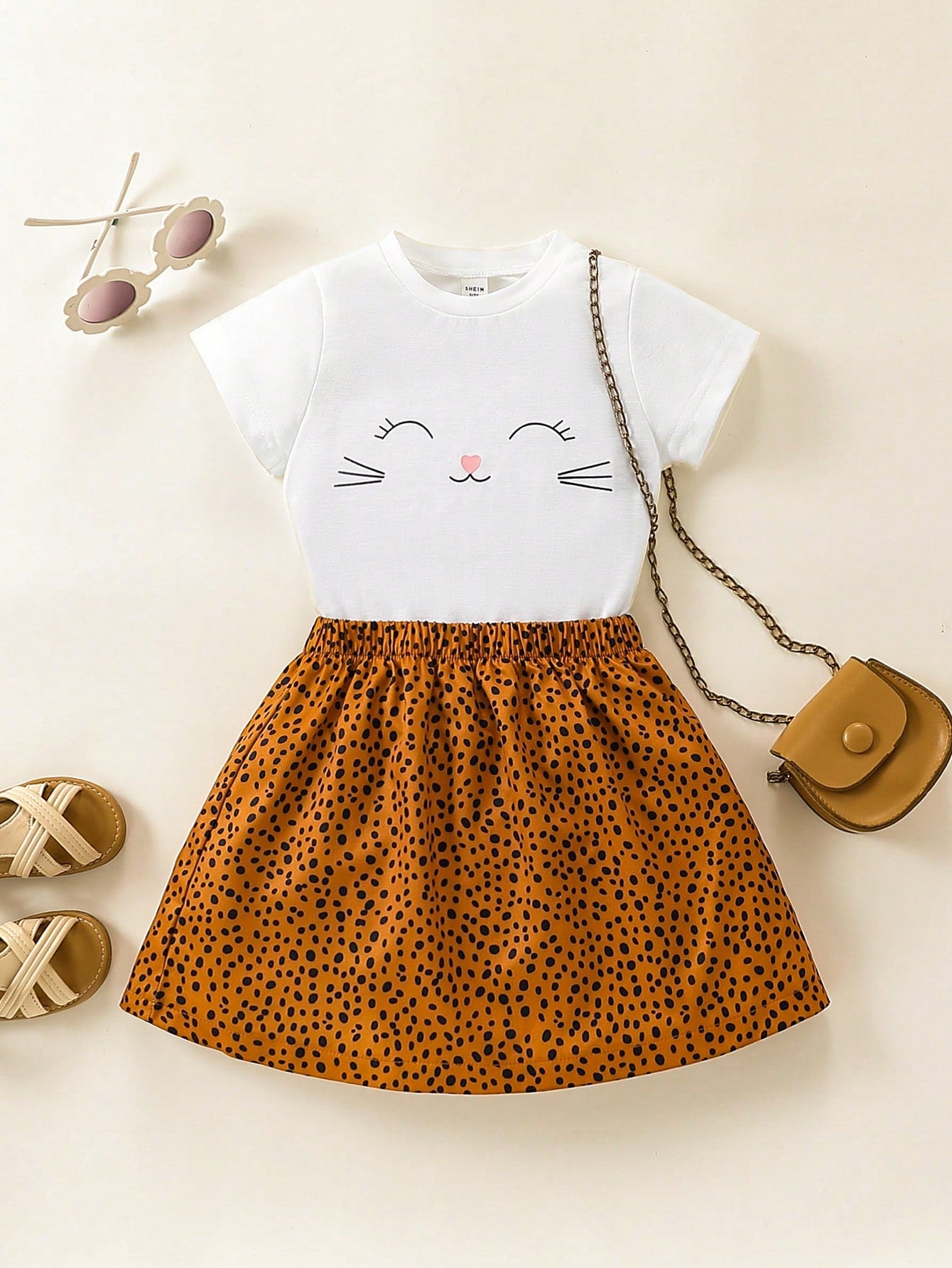 Young Girl Cartoon Graphic Tee & Confetti Print Skirt