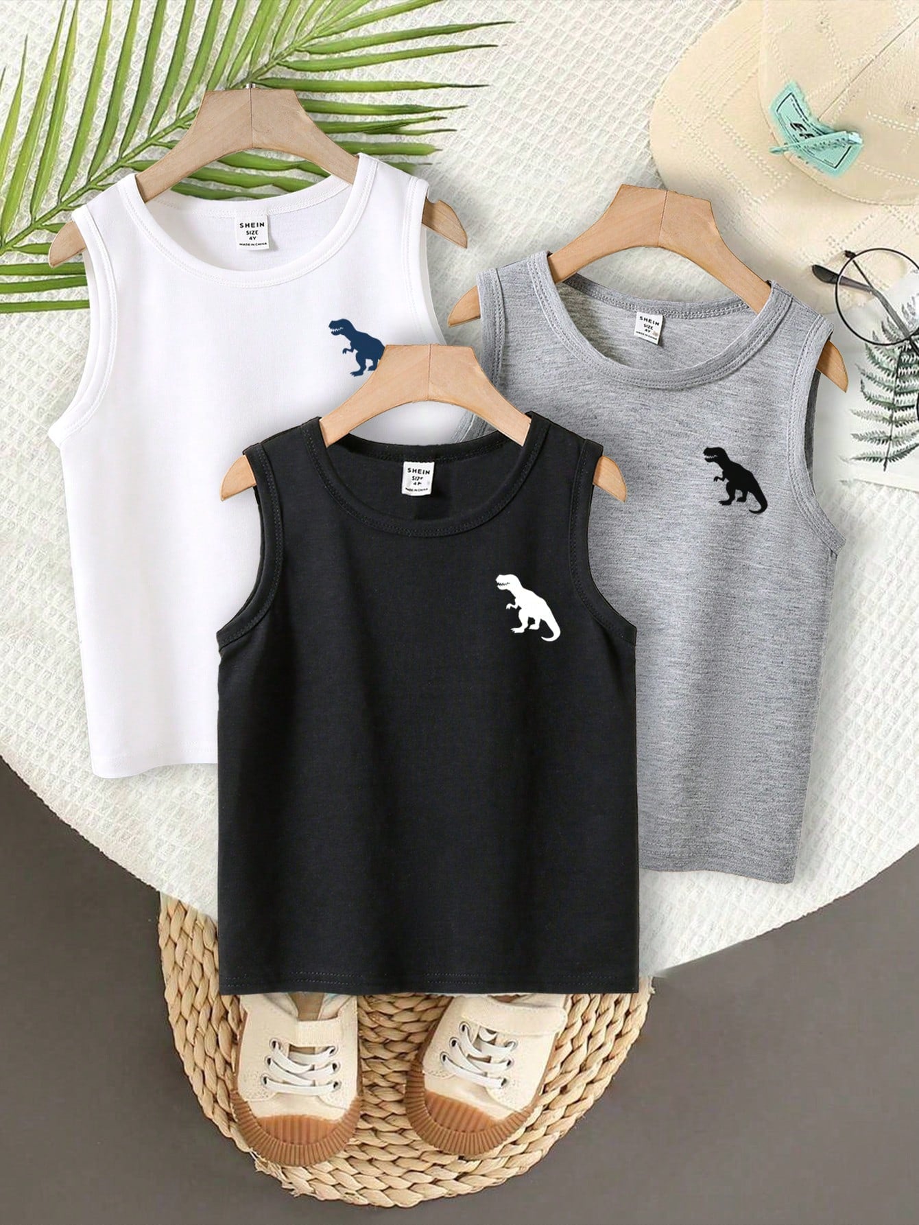 Young Boy 3pcs Casual Cartoon Bear Pattern Tank Top Set, Suitable For Summer