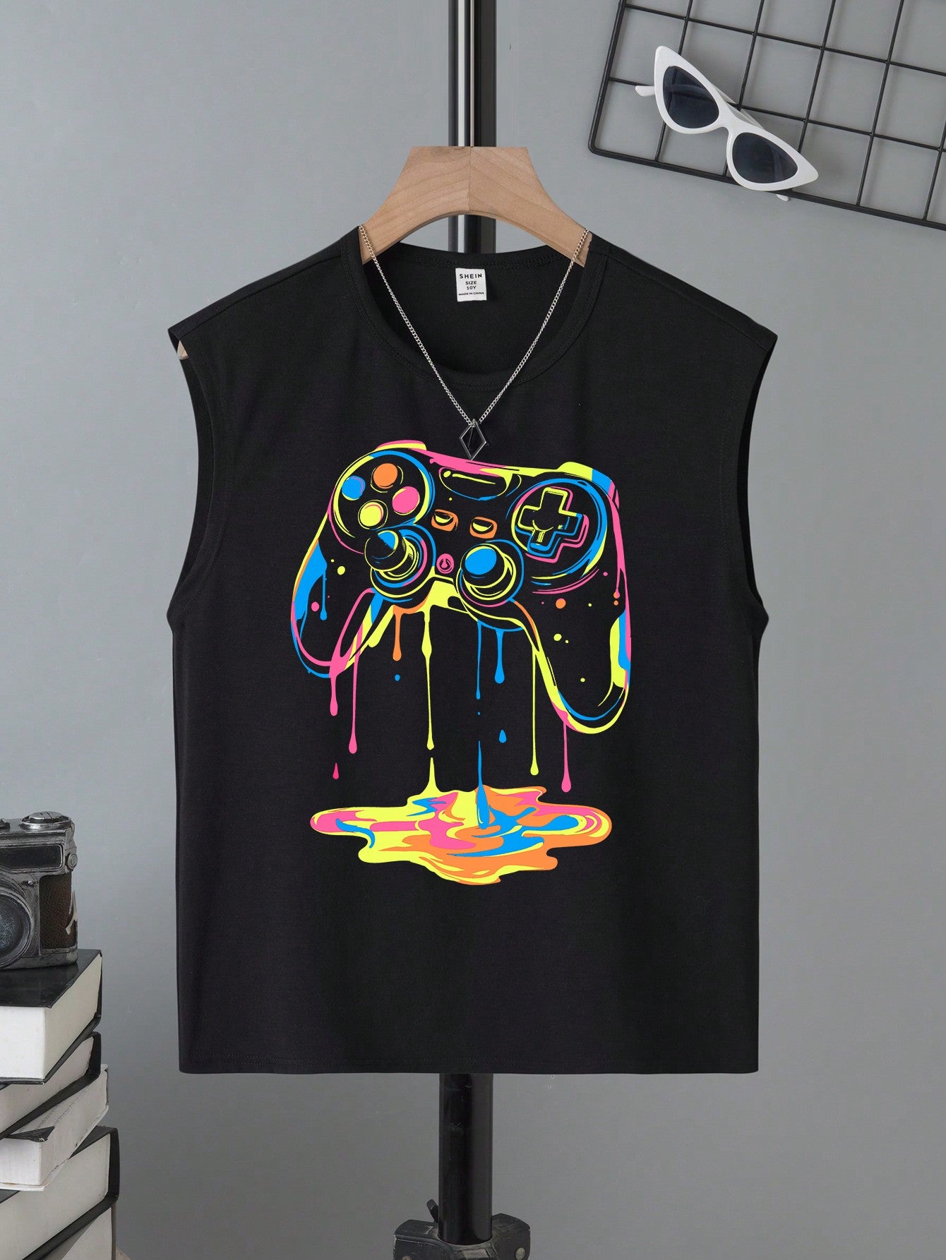 Tween Boys Simple & Casual Gamepad Print Round Neck Tank Top Suitable For Summer