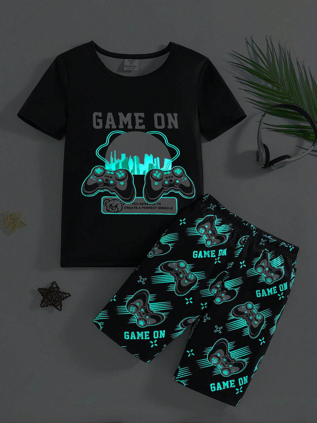 Tween Boy Funny Night Glow Video Game Printed Round Neck Short Sleeve T-Shirt And Shorts Home Wear Set,