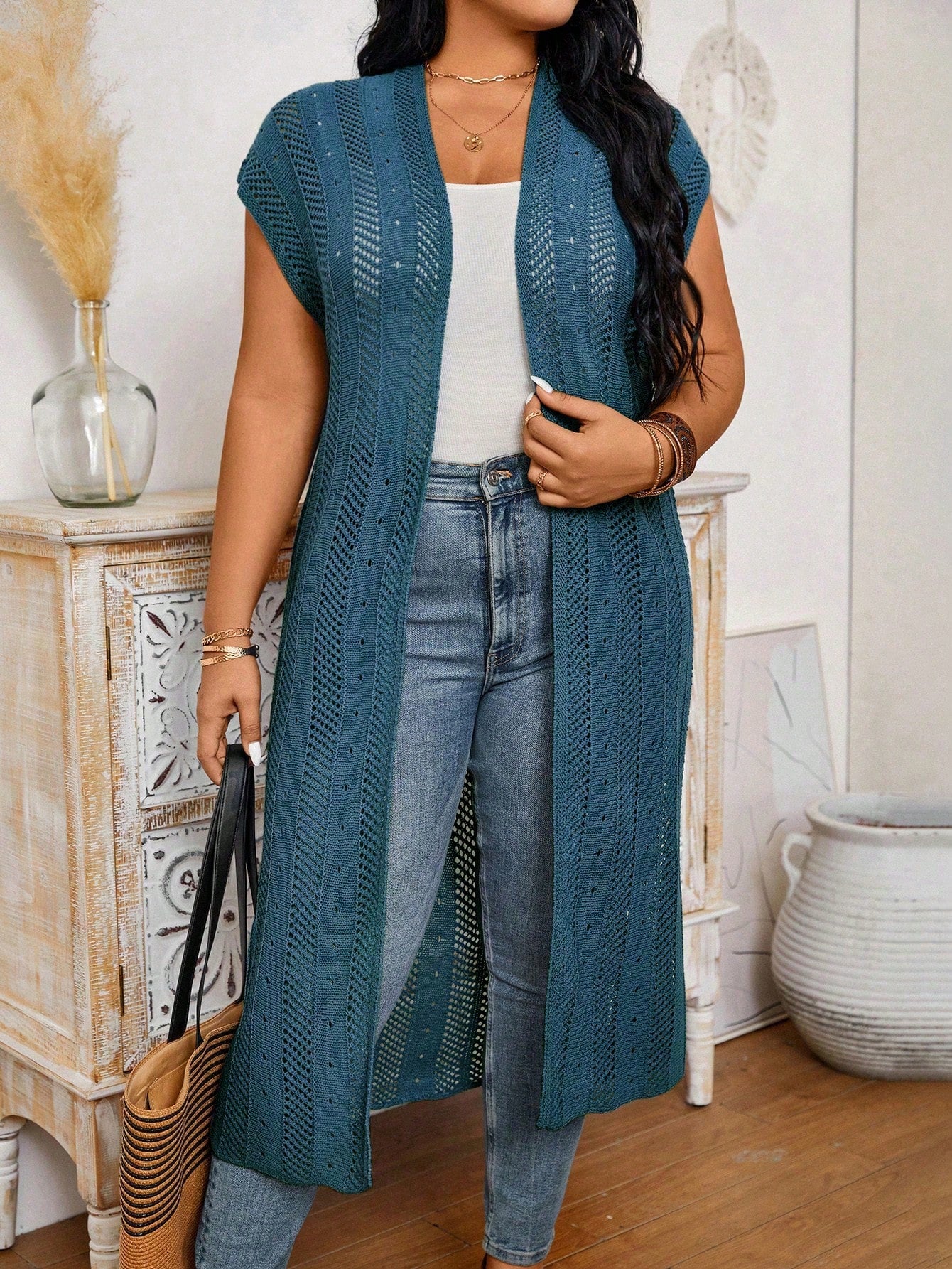 Plus Size Solid Color Long Cardigan With Flare Sleeves