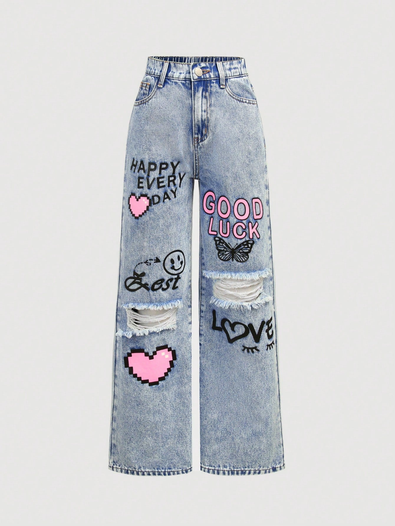 New Arrival Tween Girls' Light Blue Y2K Love Heart Letter Printed Ripped Snowflake Denim Pants