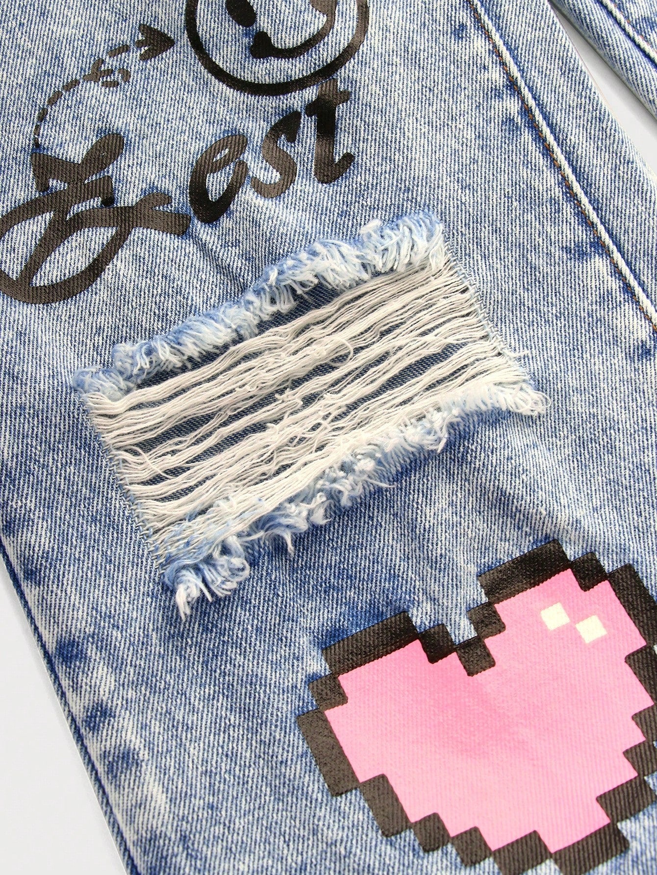 New Arrival Tween Girls' Light Blue Y2K Love Heart Letter Printed Ripped Snowflake Denim Pants