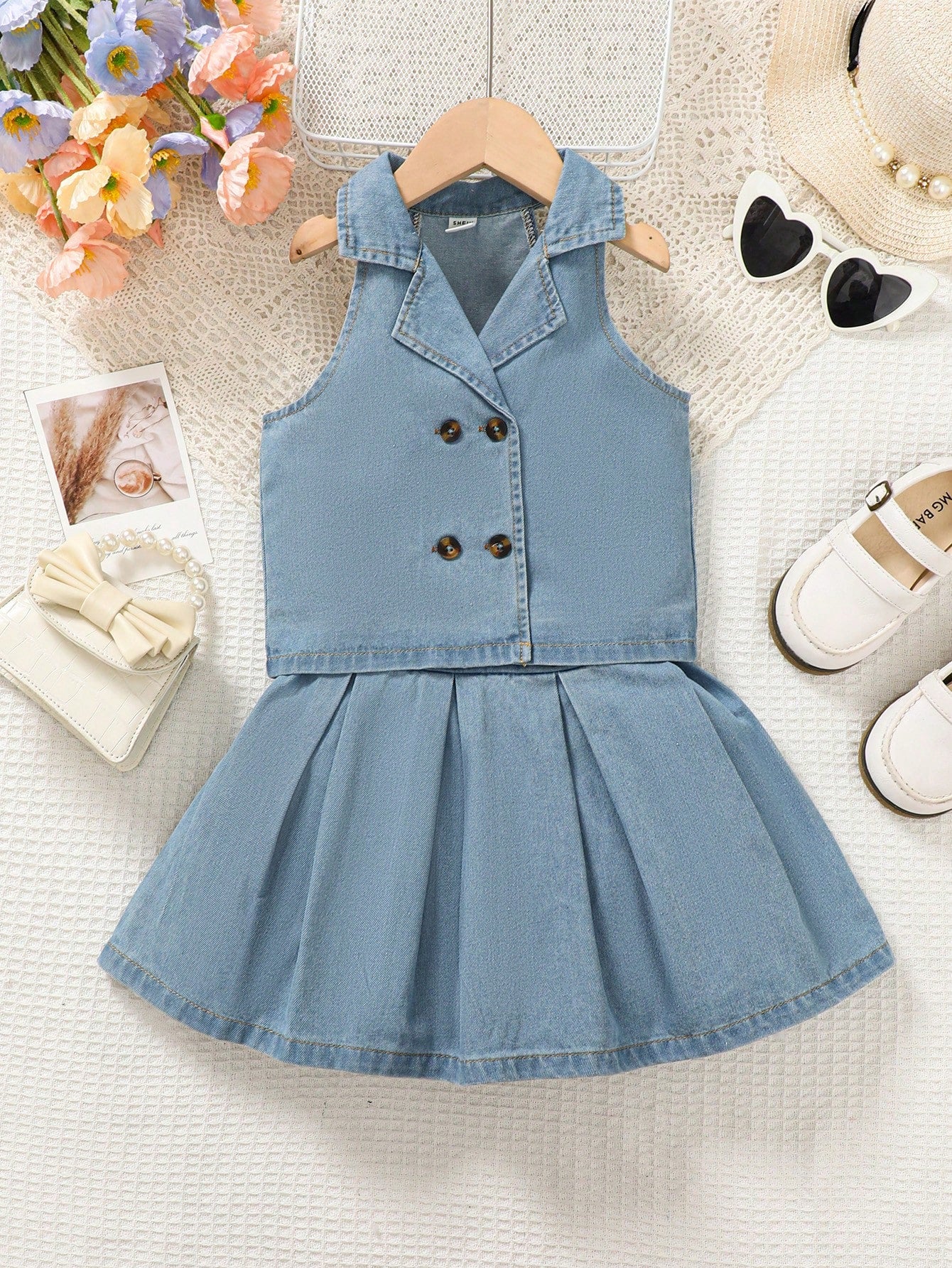 Streecool Kids Girls' Fashionable Shirt Collar Top + Pleated Denim Skirt Set