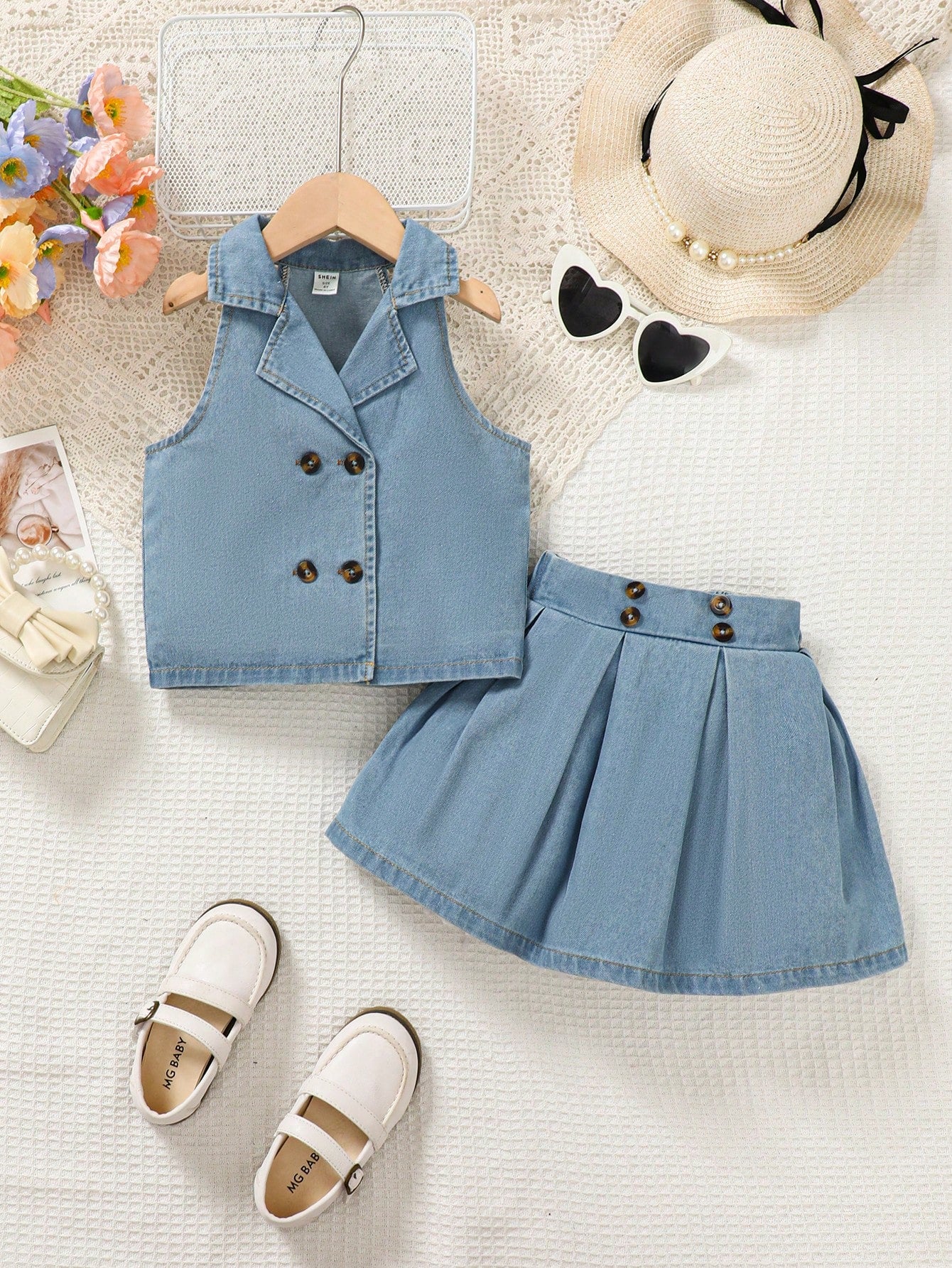 Young Girl Fashionable Lapel Collar Denim Top And Pleated Denim Skirt